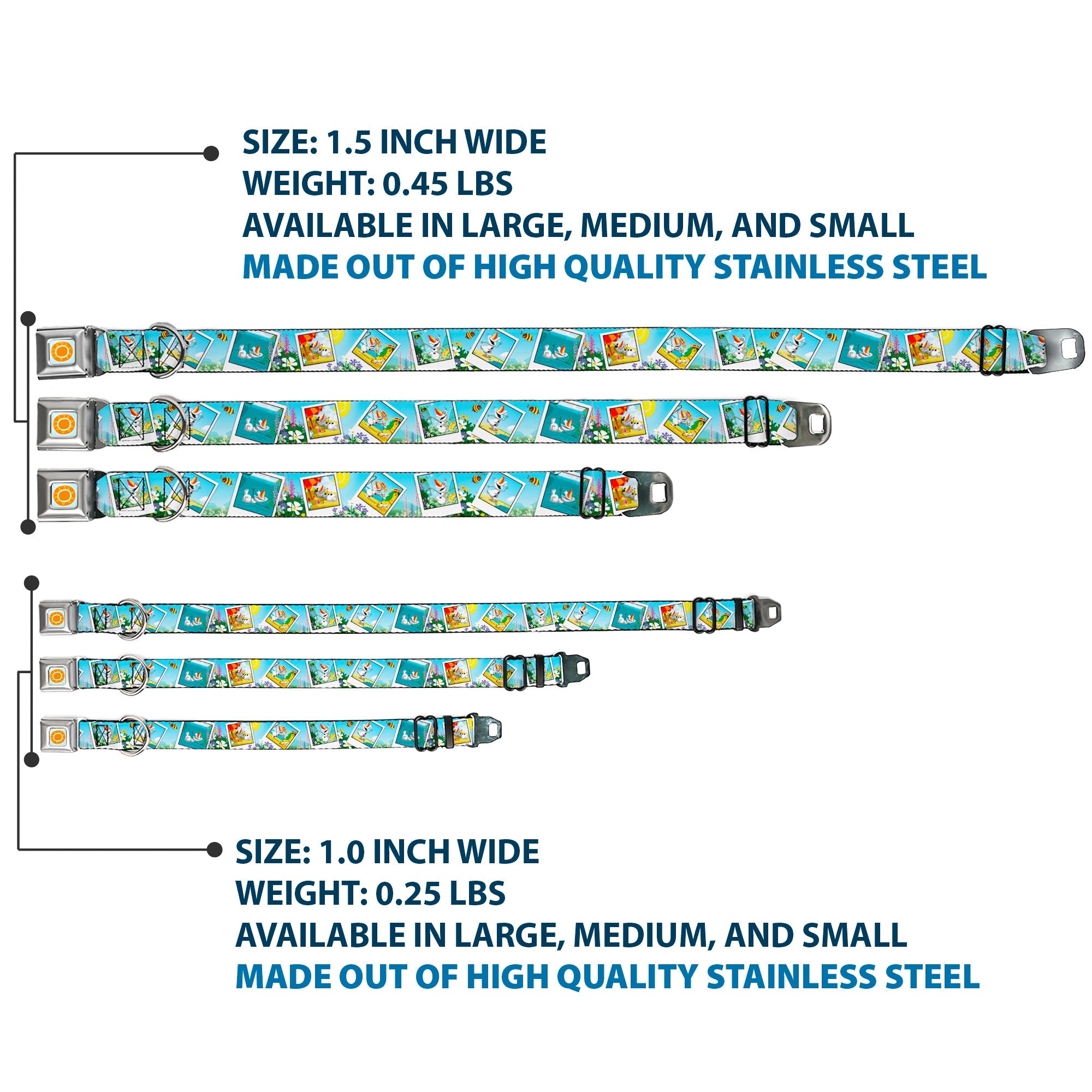 Frozen Sun Full Color Blue/Yellows Seatbelt Buckle Collar - Olaf Summertime Snapshots