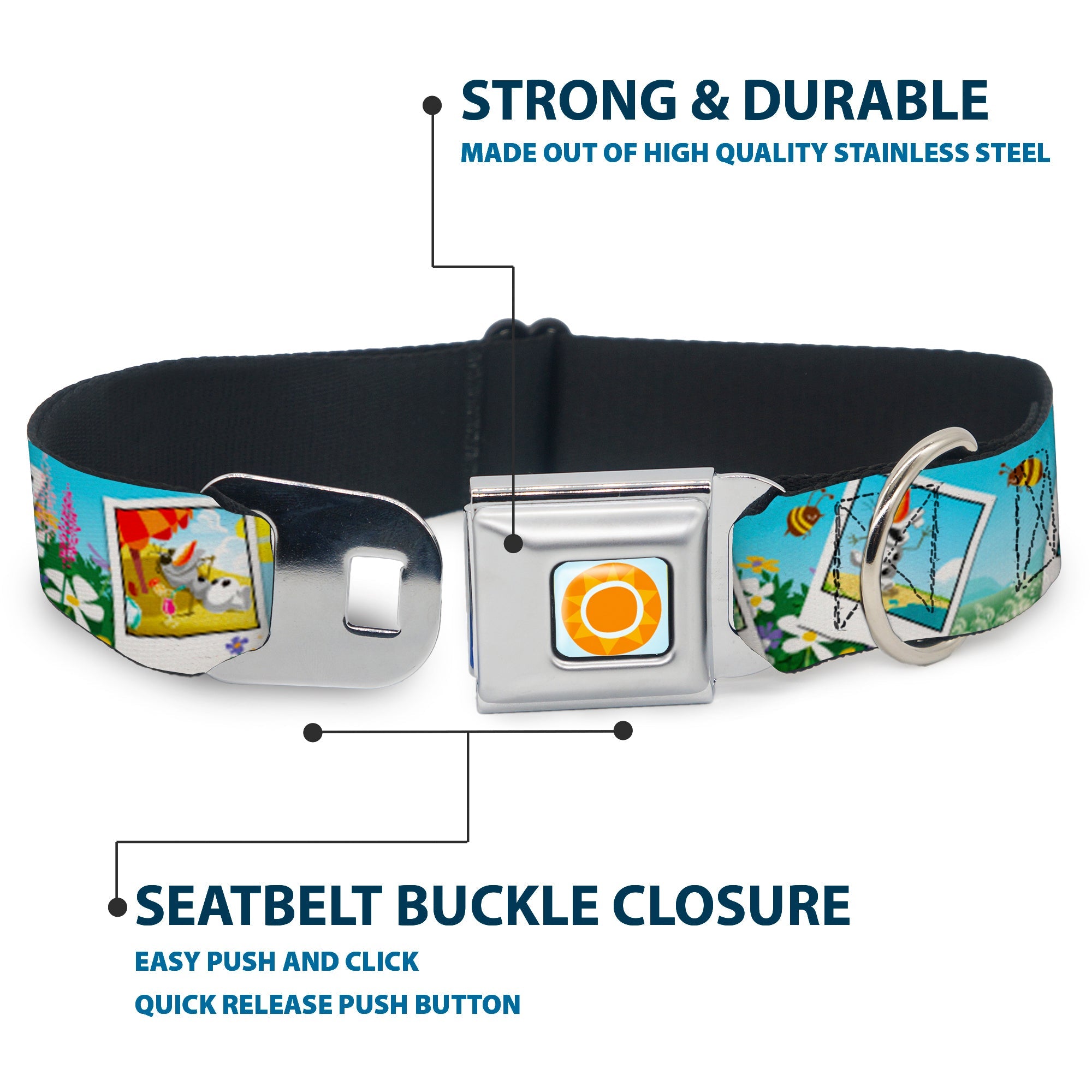 Frozen Sun Full Color Blue/Yellows Seatbelt Buckle Collar - Olaf Summertime Snapshots