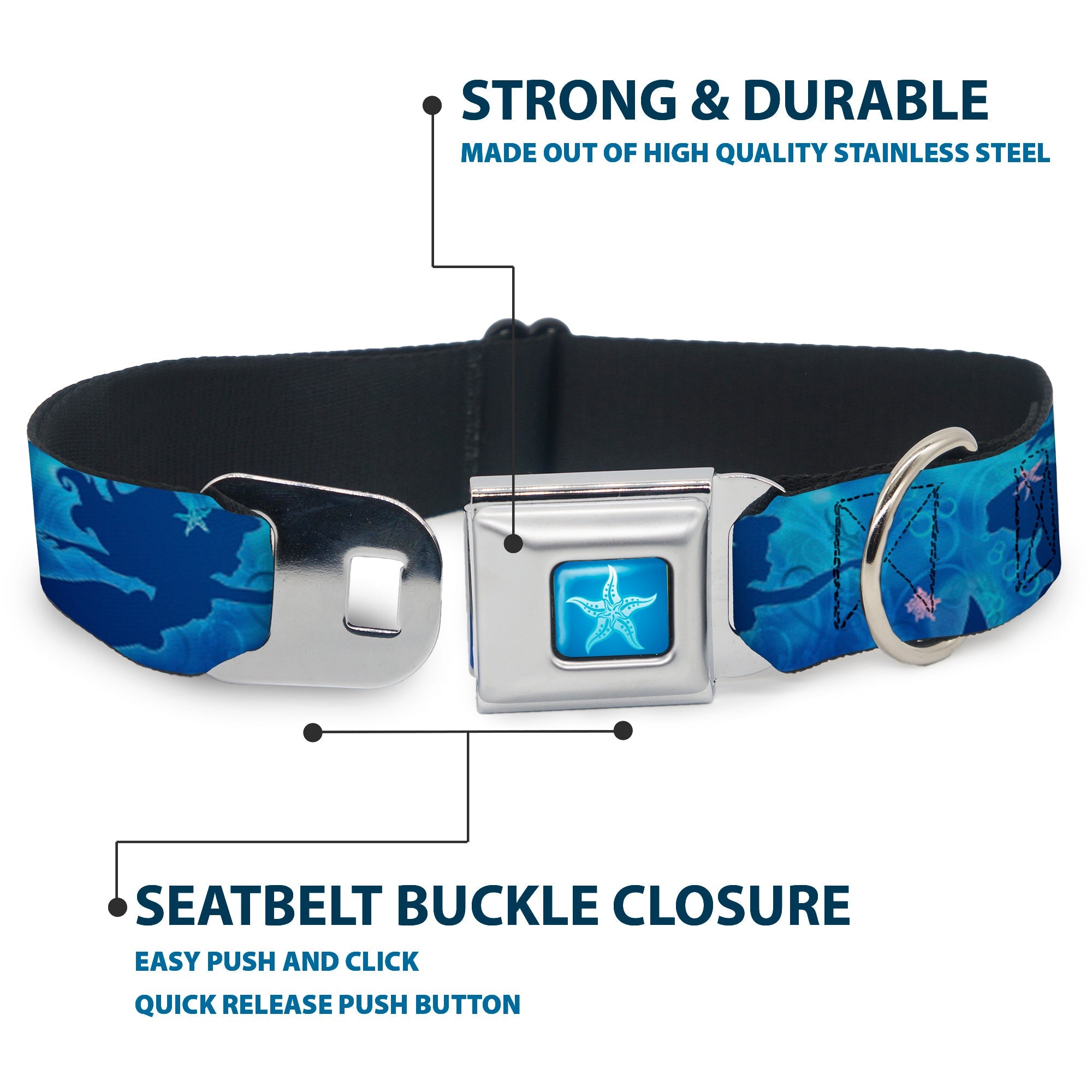 Ariel Daydreaming Full Color Blues Seatbelt Buckle Collar - Ariel Silhouette Poses/Castle Blues