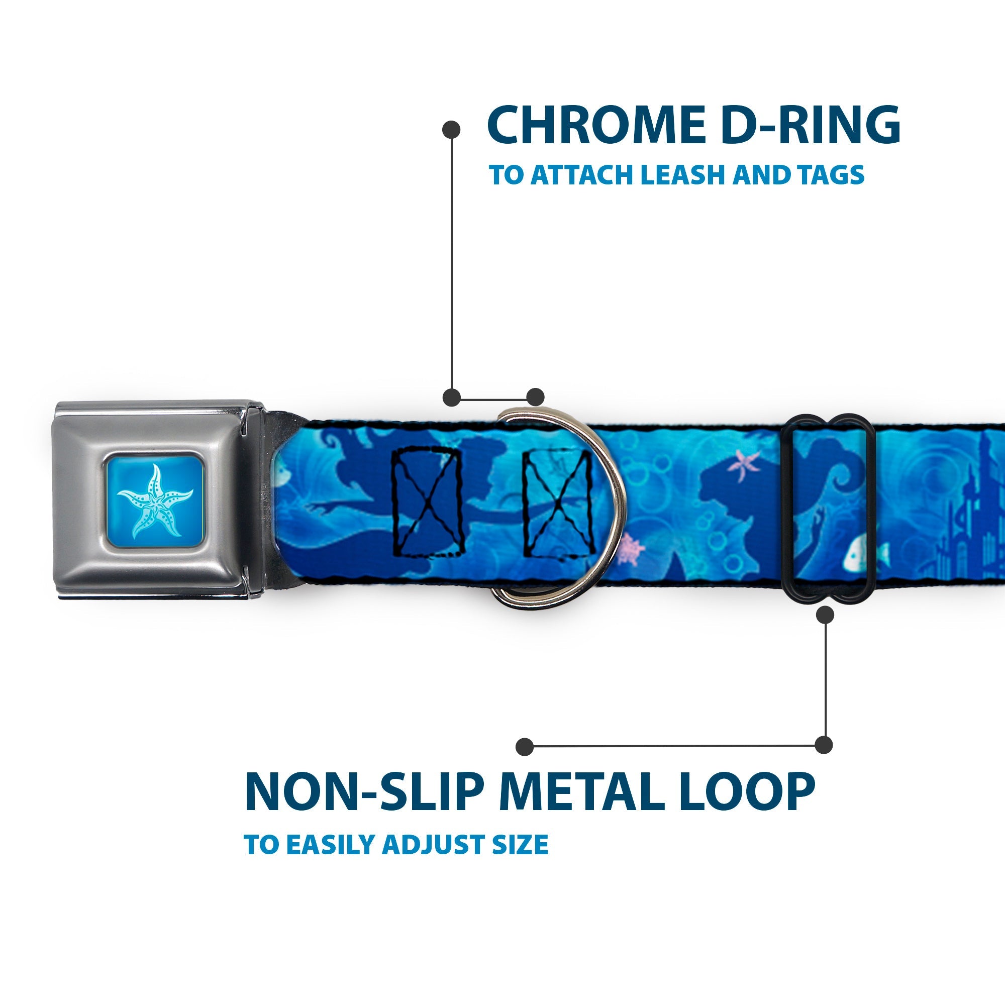 Ariel Daydreaming Full Color Blues Seatbelt Buckle Collar - Ariel Silhouette Poses/Castle Blues