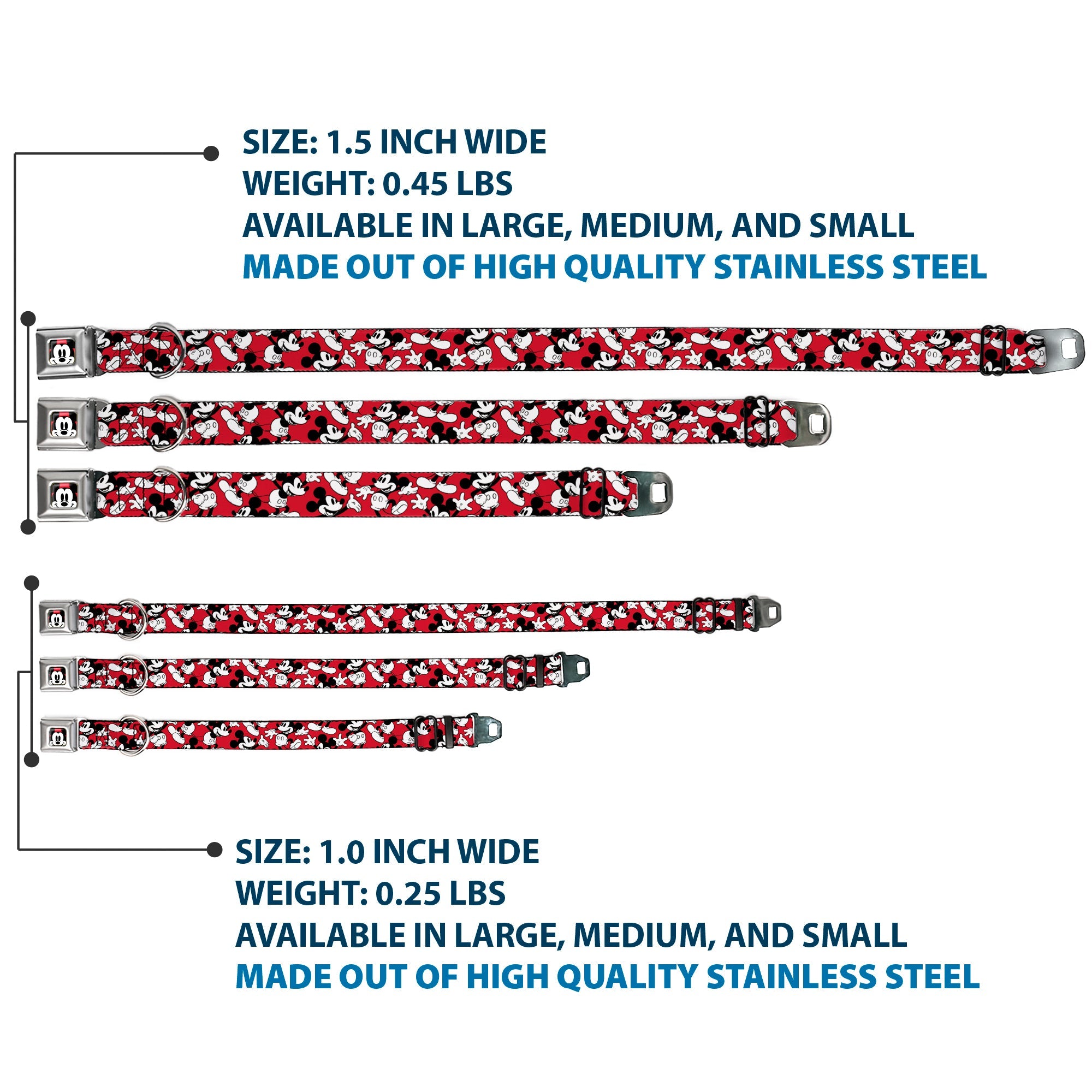 Mickey Mouse Face2 CLOSE-UP Full Color Red Black White Seatbelt Buckle Collar - Mickey Mouse Poses Scattered Red/Black/White