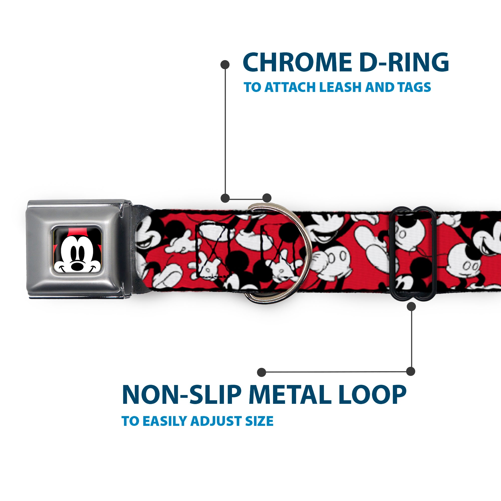 Mickey Mouse Face2 CLOSE-UP Full Color Red Black White Seatbelt Buckle Collar - Mickey Mouse Poses Scattered Red/Black/White