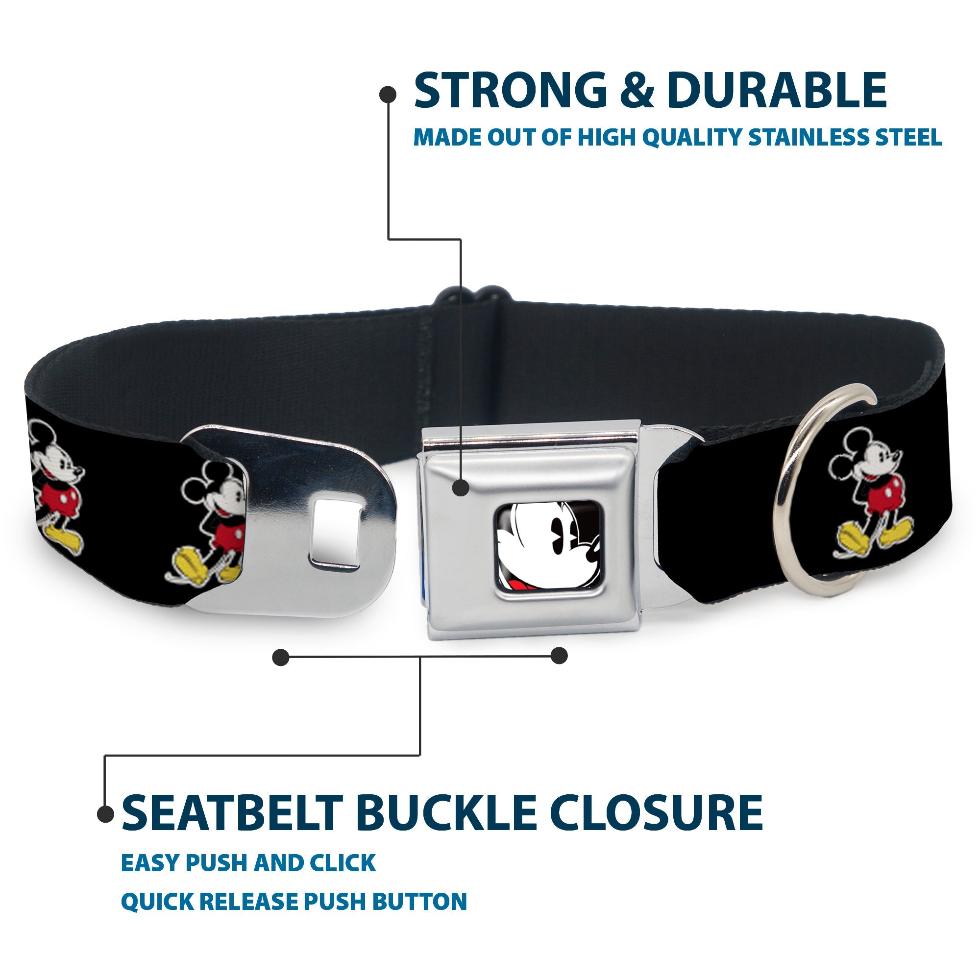 Classic Mickey Mouse Face CLOSE-UP Full Color Seatbelt Buckle Collar - Classic Mickey Mouse Pose Black