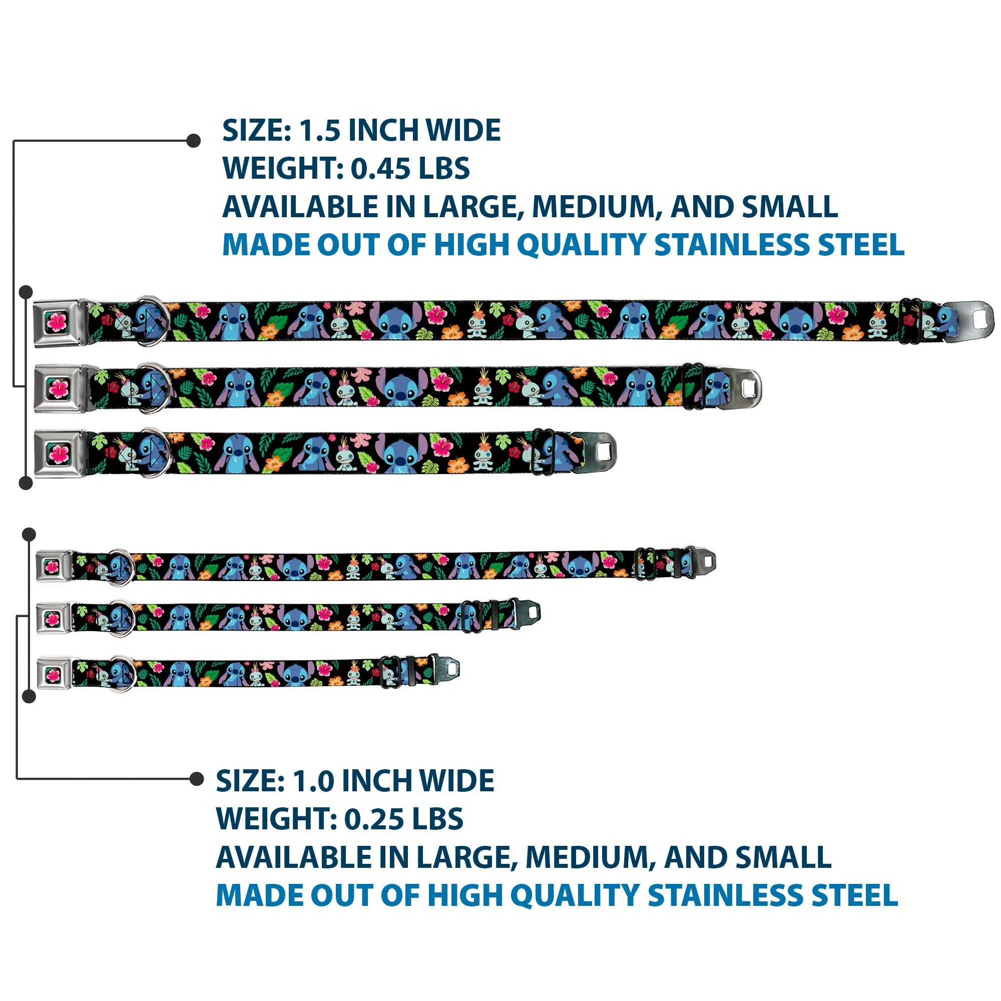 Lilo & Stitch Hibiscus Flower Full Color Black/Pink Seatbelt Buckle Collar - Stitch & Scrump Poses/Tropical Flora