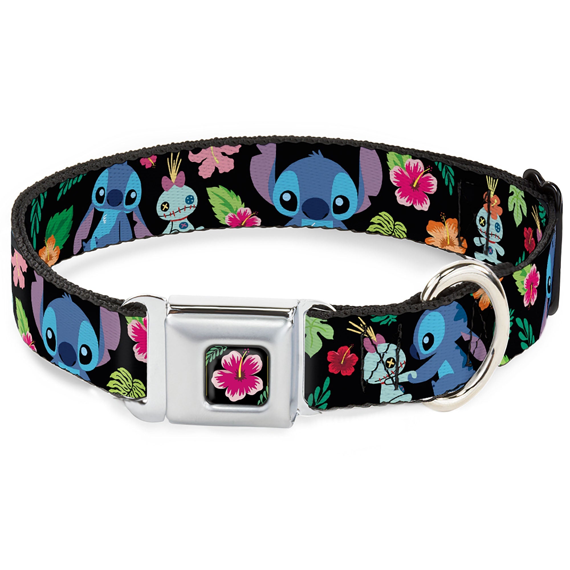 Lilo & Stitch Hibiscus Flower Full Color Black/Pink Seatbelt Buckle Collar - Stitch & Scrump Poses/Tropical Flora
