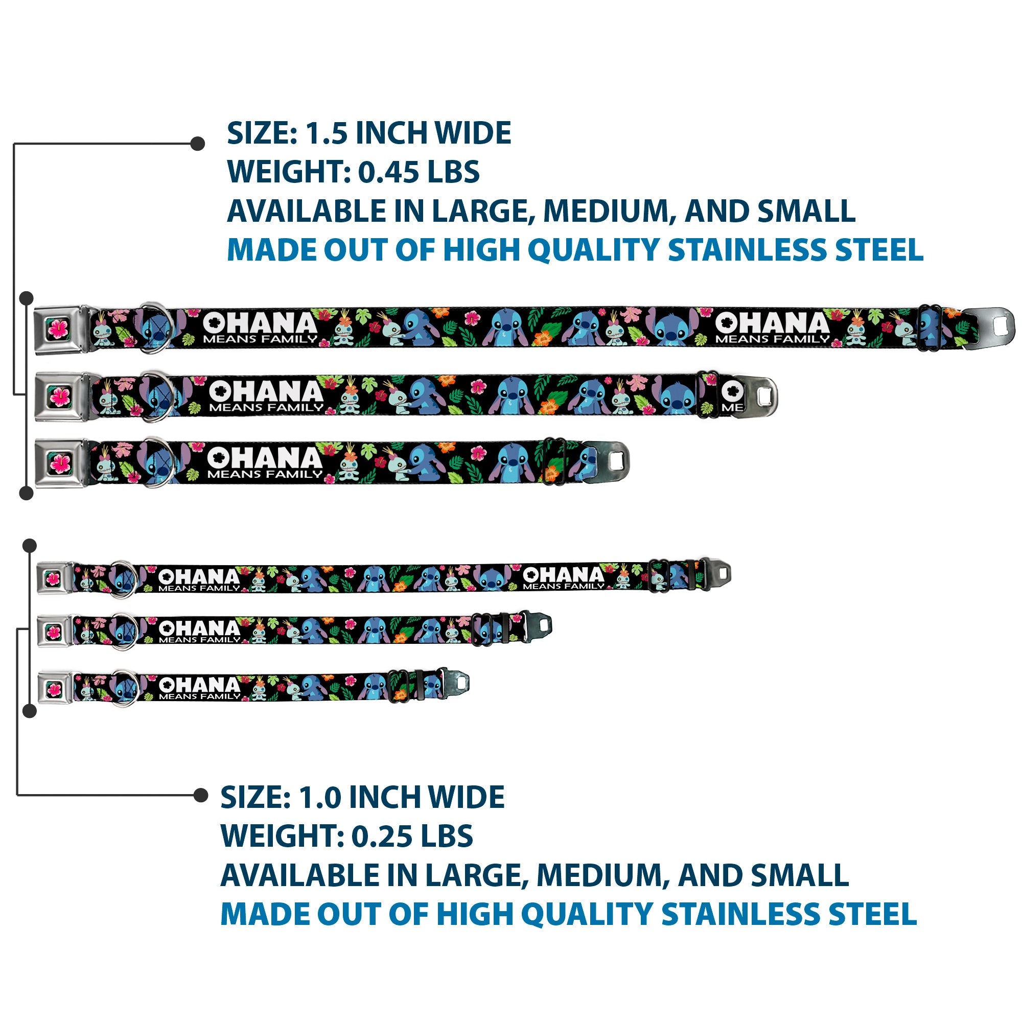 Lilo & Stitch Hibiscus Flower Full Color Black Pink Seatbelt Buckle Collar - OHANA MEANS FAMILY/Stitch & Scrump Poses/Tropical Flora Black/White/Multi Color