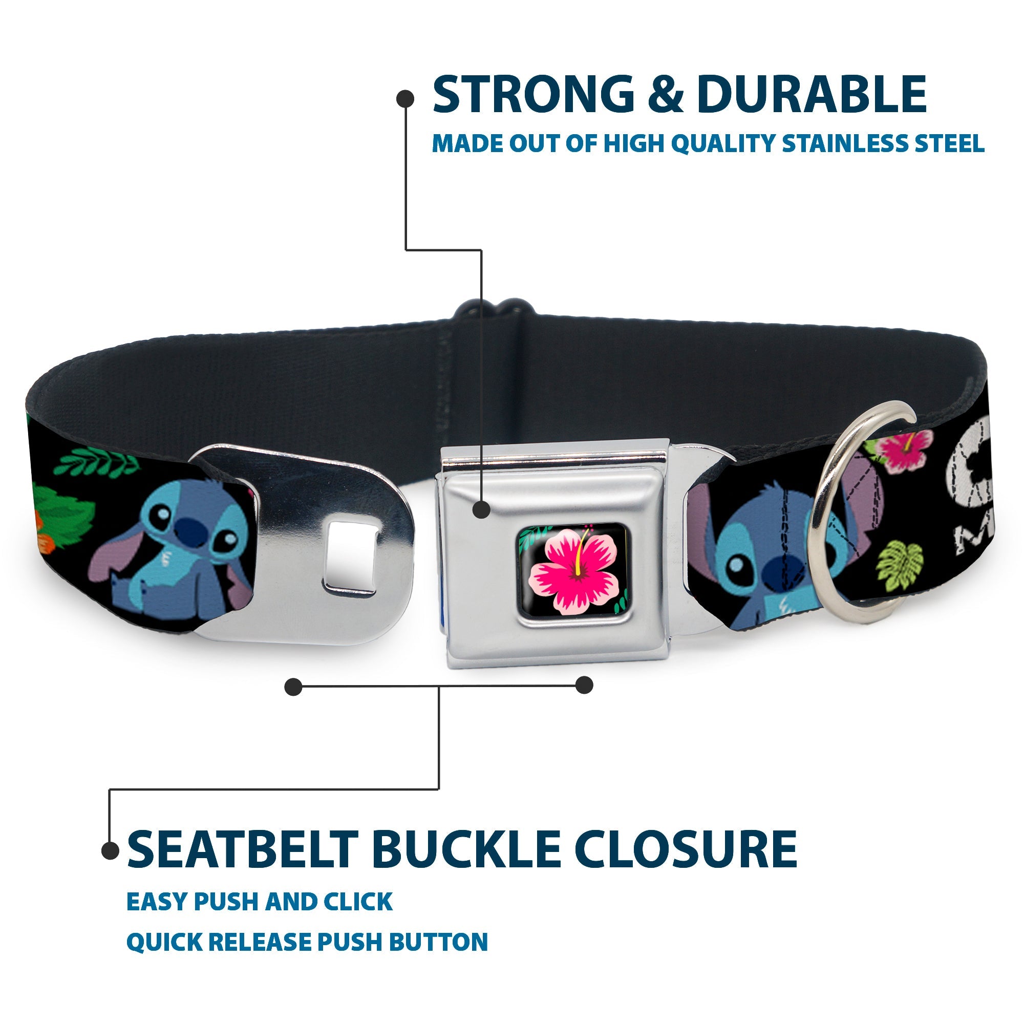 Lilo & Stitch Hibiscus Flower Full Color Black Pink Seatbelt Buckle Collar - OHANA MEANS FAMILY/Stitch & Scrump Poses/Tropical Flora Black/White/Multi Color