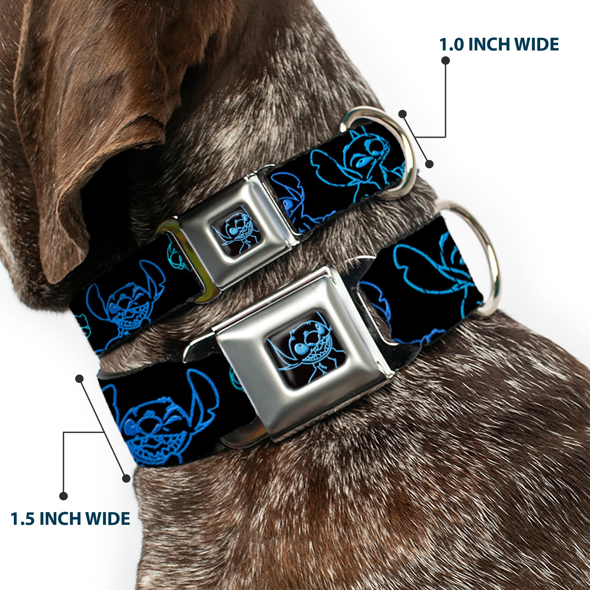 Stitch Pose Full Color Black/Neon Blue Seatbelt Buckle Collar - Electric Stitch Poses Black/Neon Blue