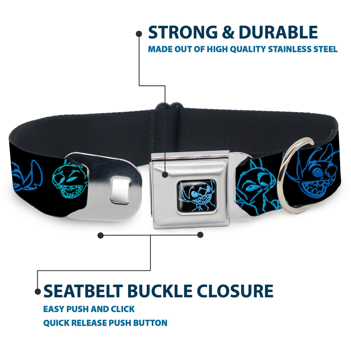 Stitch Pose Full Color Black/Neon Blue Seatbelt Buckle Collar - Electric Stitch Poses Black/Neon Blue
