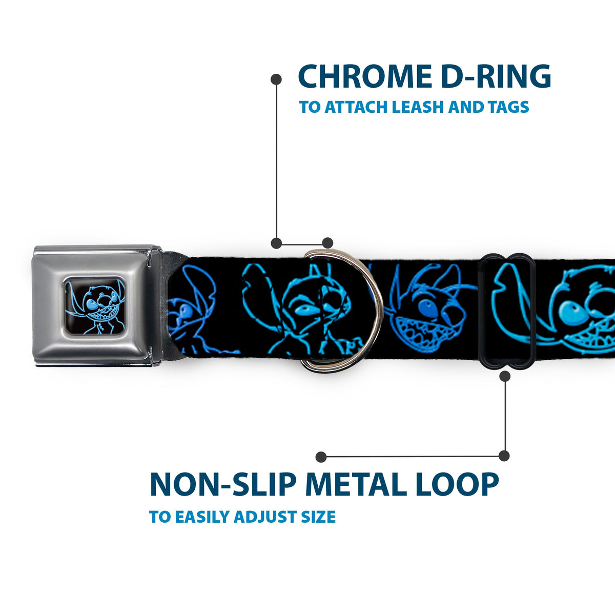 Stitch Pose Full Color Black/Neon Blue Seatbelt Buckle Collar - Electric Stitch Poses Black/Neon Blue