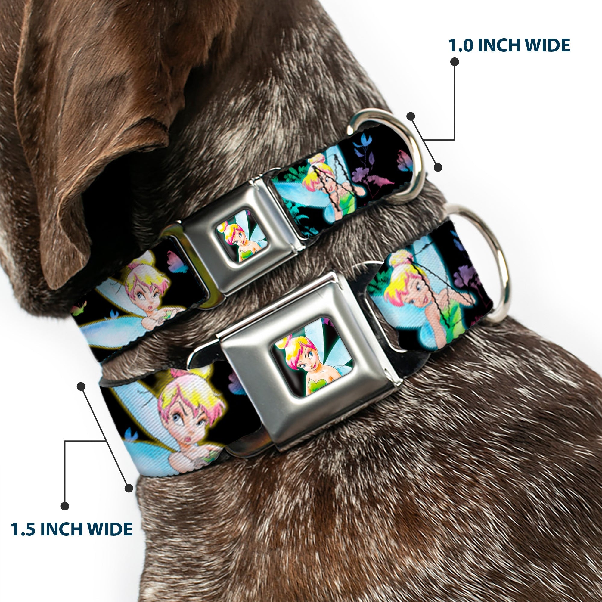 Glowing Tinker Bell Pose Full Color Seatbelt Buckle Collar - Glowing Tinker Bell Poses/Butterflies & Flowers Black/Multi Neon