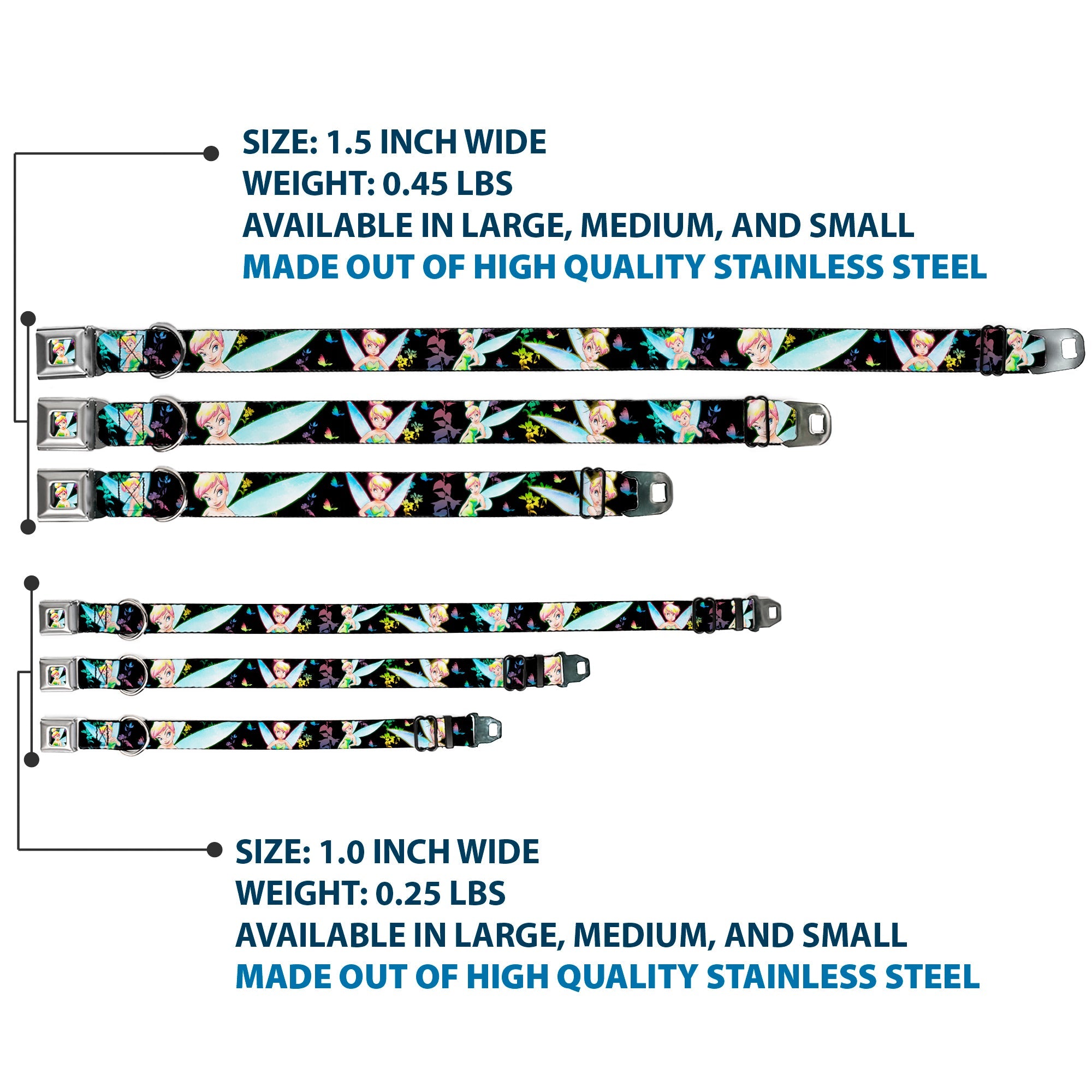 Glowing Tinker Bell Pose Full Color Seatbelt Buckle Collar - Glowing Tinker Bell Poses/Butterflies & Flowers Black/Multi Neon