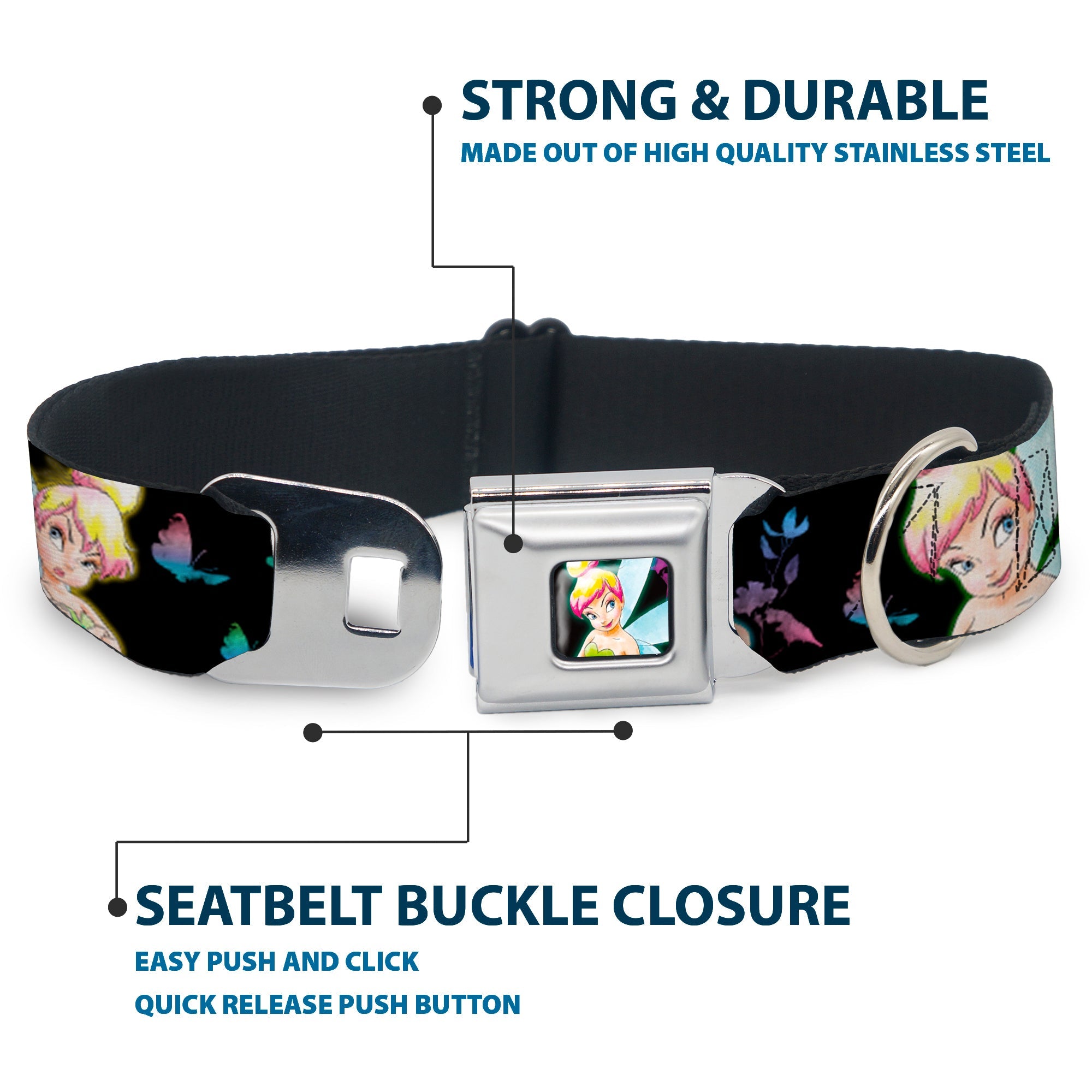 Glowing Tinker Bell Pose Full Color Seatbelt Buckle Collar - Glowing Tinker Bell Poses/Butterflies & Flowers Black/Multi Neon