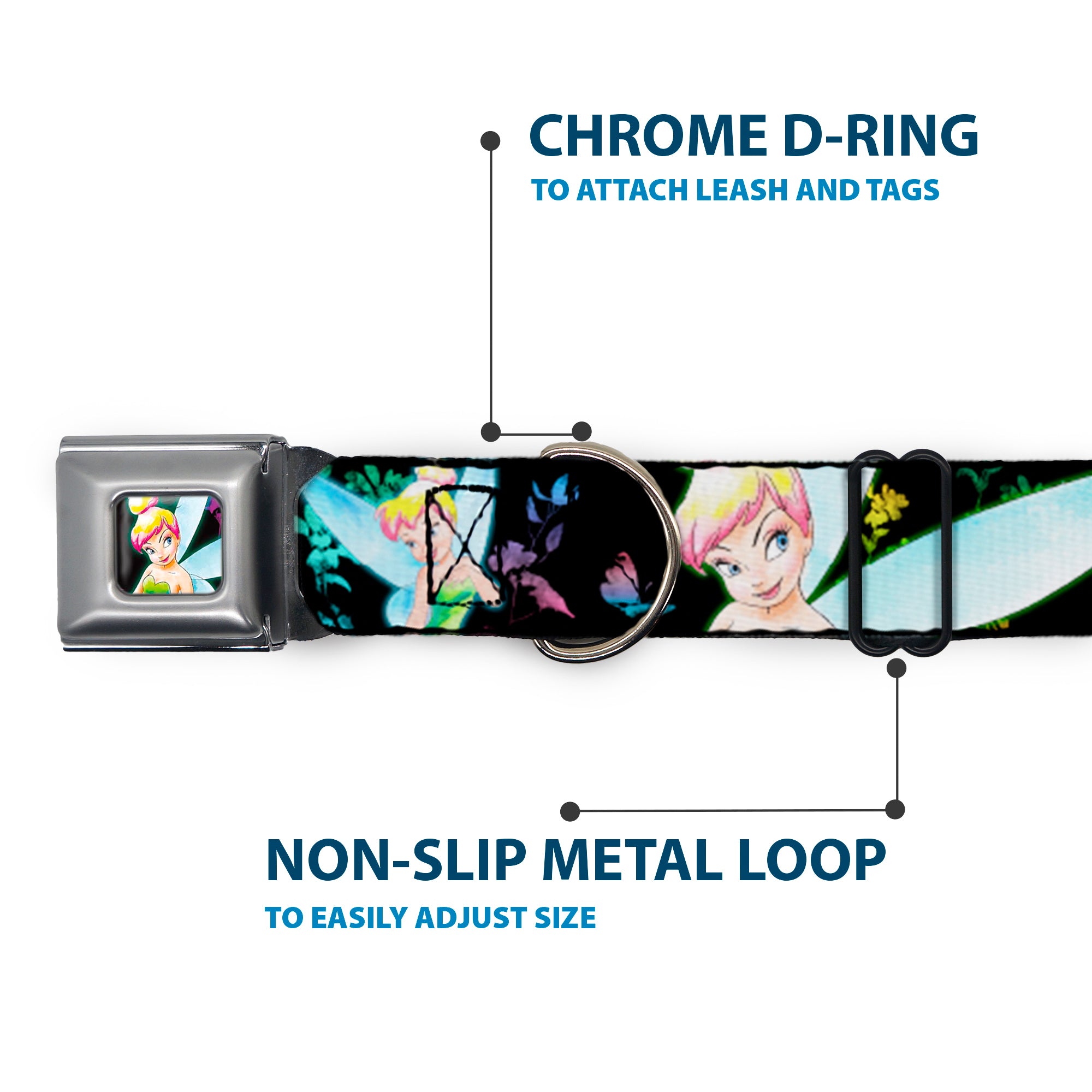 Glowing Tinker Bell Pose Full Color Seatbelt Buckle Collar - Glowing Tinker Bell Poses/Butterflies & Flowers Black/Multi Neon