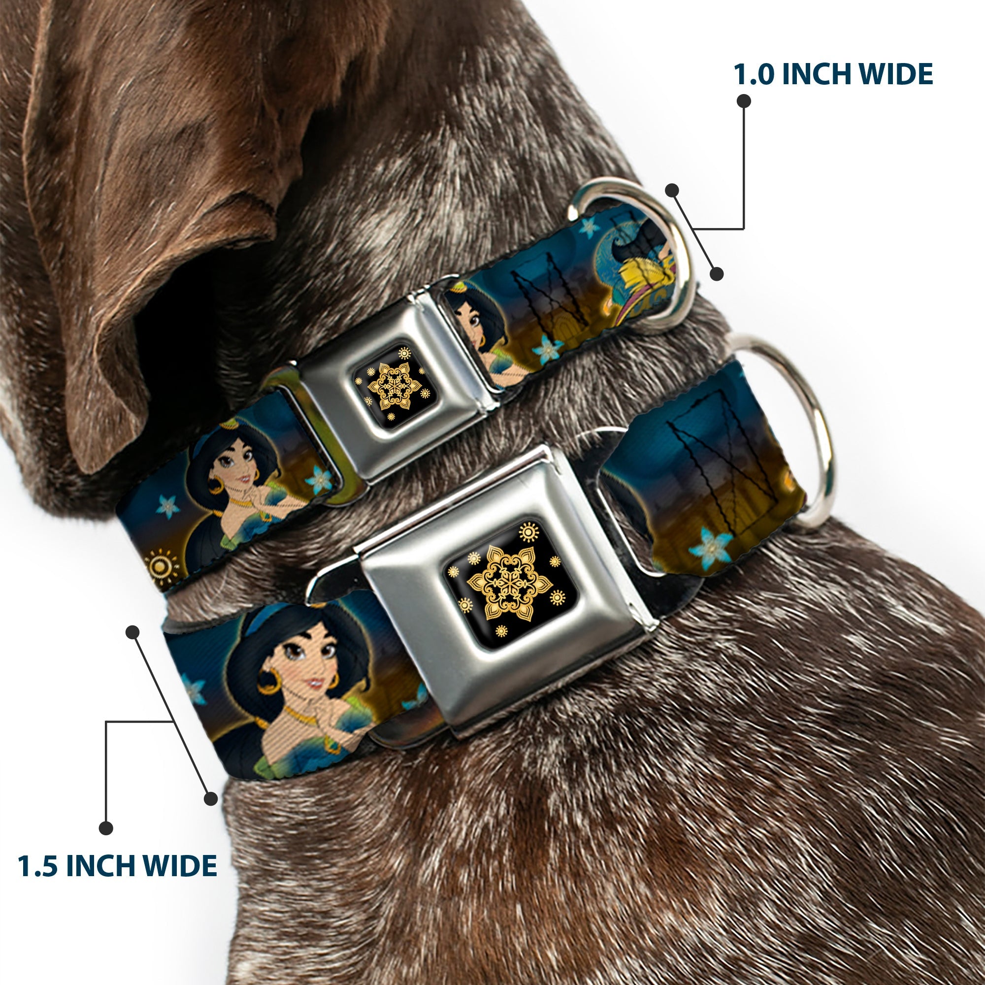 Aladdin Flower Motif Full Color Black/Gold Seatbelt Buckle Collar - Jasmine & Aladdin Carpet Ride/Jasmine Poses/Flowers