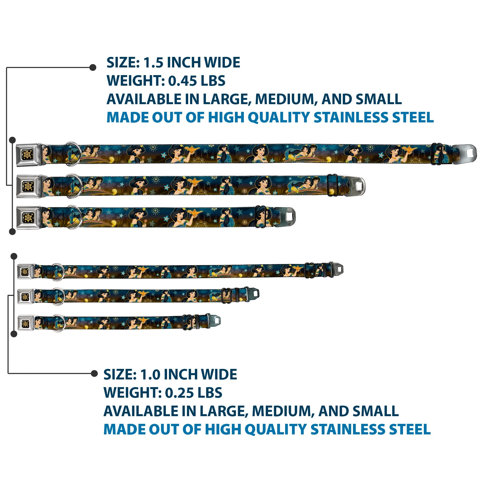 Aladdin Flower Motif Full Color Black/Gold Seatbelt Buckle Collar - Jasmine & Aladdin Carpet Ride/Jasmine Poses/Flowers
