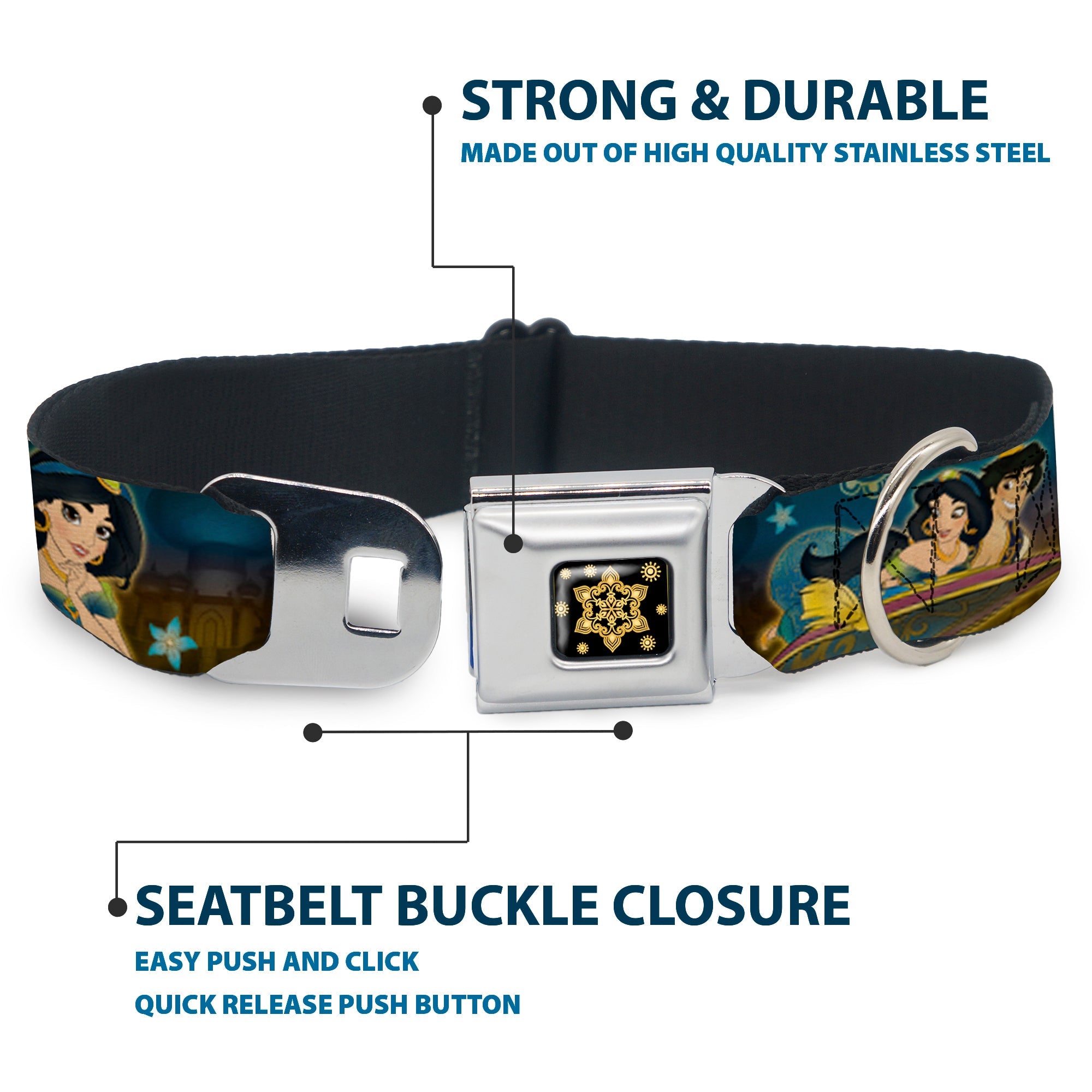 Aladdin Flower Motif Full Color Black/Gold Seatbelt Buckle Collar - Jasmine & Aladdin Carpet Ride/Jasmine Poses/Flowers