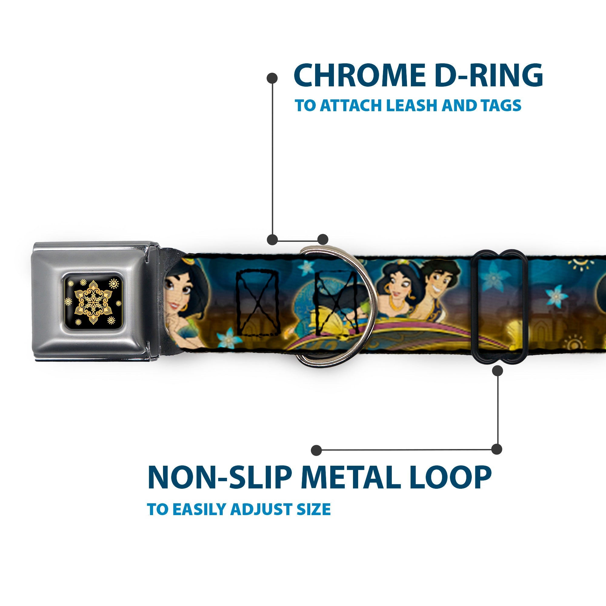Aladdin Flower Motif Full Color Black/Gold Seatbelt Buckle Collar - Jasmine & Aladdin Carpet Ride/Jasmine Poses/Flowers