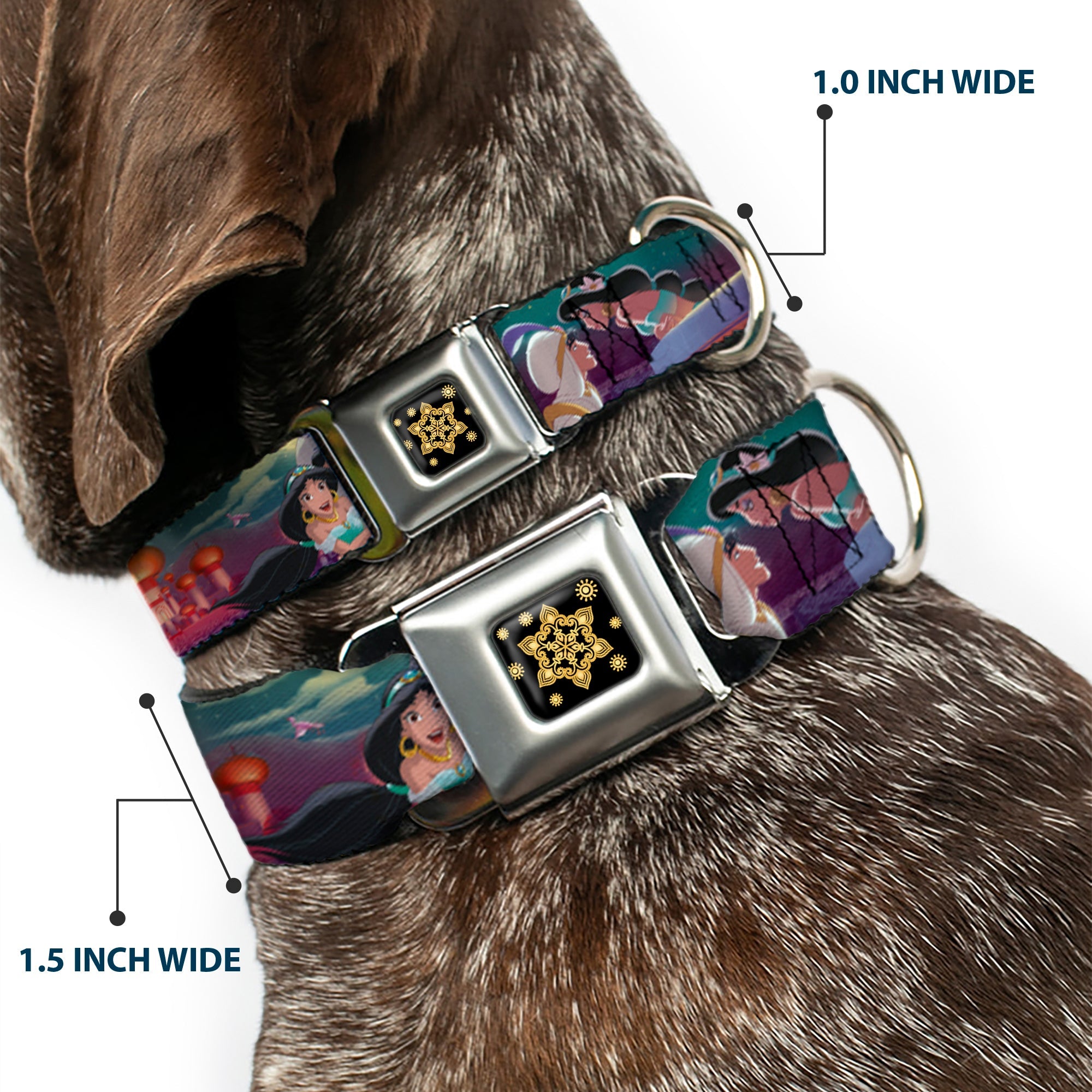 Aladdin Flower Motif Full Color Black/Gold Seatbelt Buckle Collar - Aladdin & Jasmine Scenes/Castle/Birds