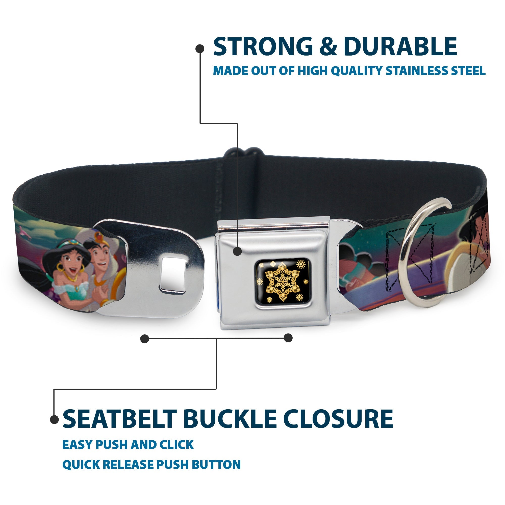 Aladdin Flower Motif Full Color Black/Gold Seatbelt Buckle Collar - Aladdin & Jasmine Scenes/Castle/Birds