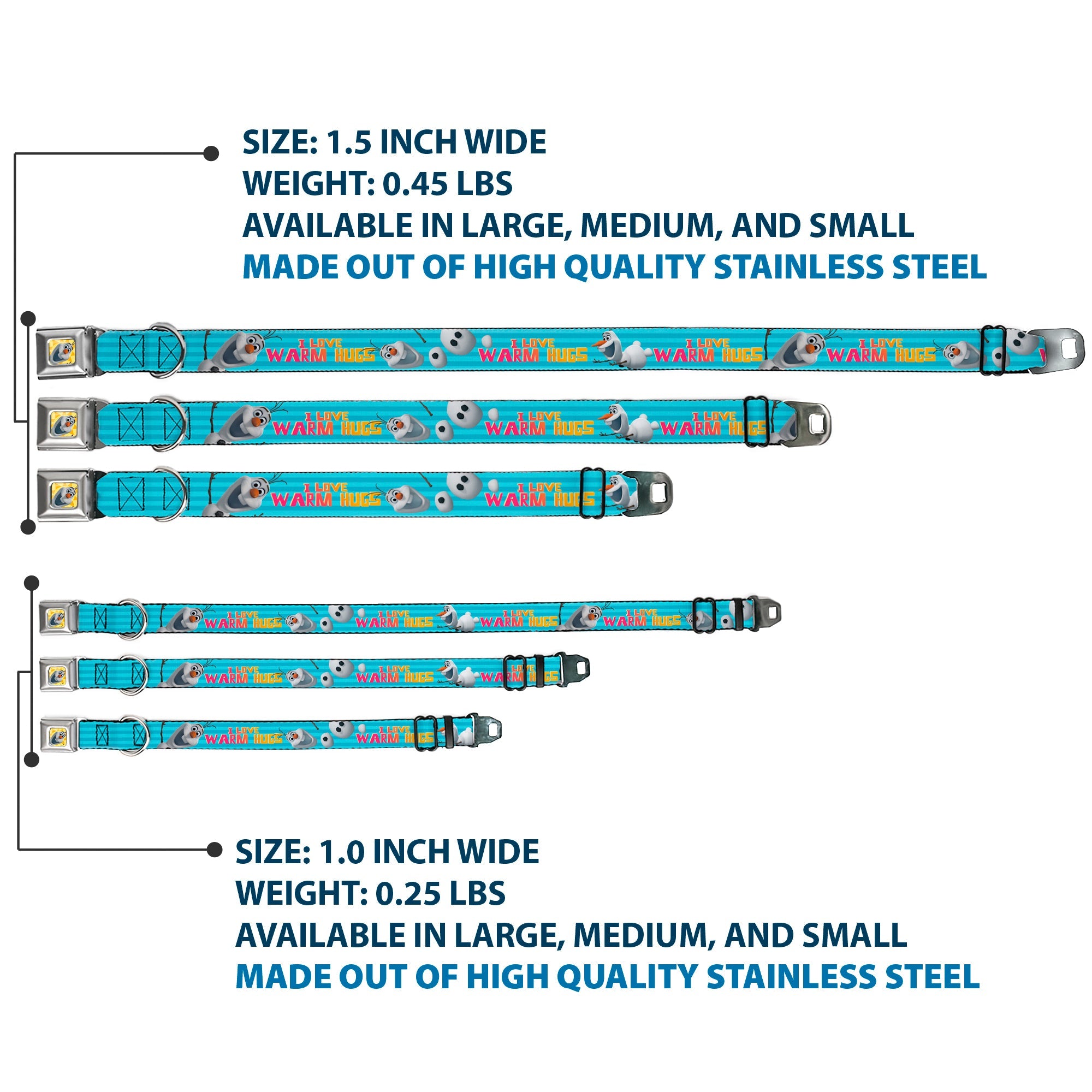 Olaf Face Frozen Sun Full Color Seatbelt Buckle Collar - Olaf Pose I LOVE WARM HUGS Stripe Blues