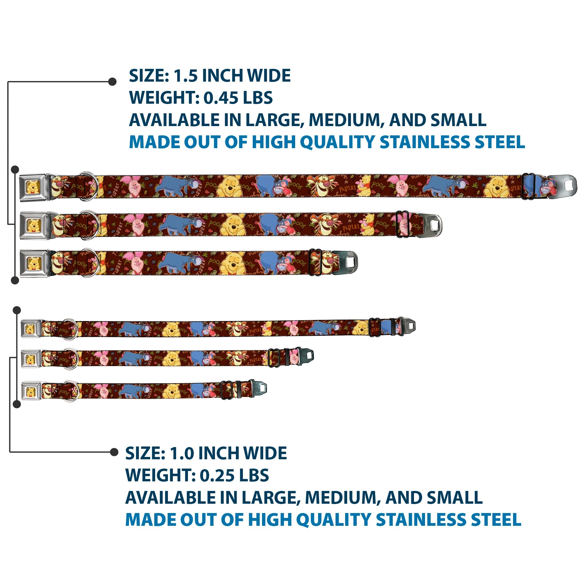 Winnie the Pooh Face Full Color Radial Brown Fade Seatbelt Buckle Collar - Winnie the Pooh Character Poses