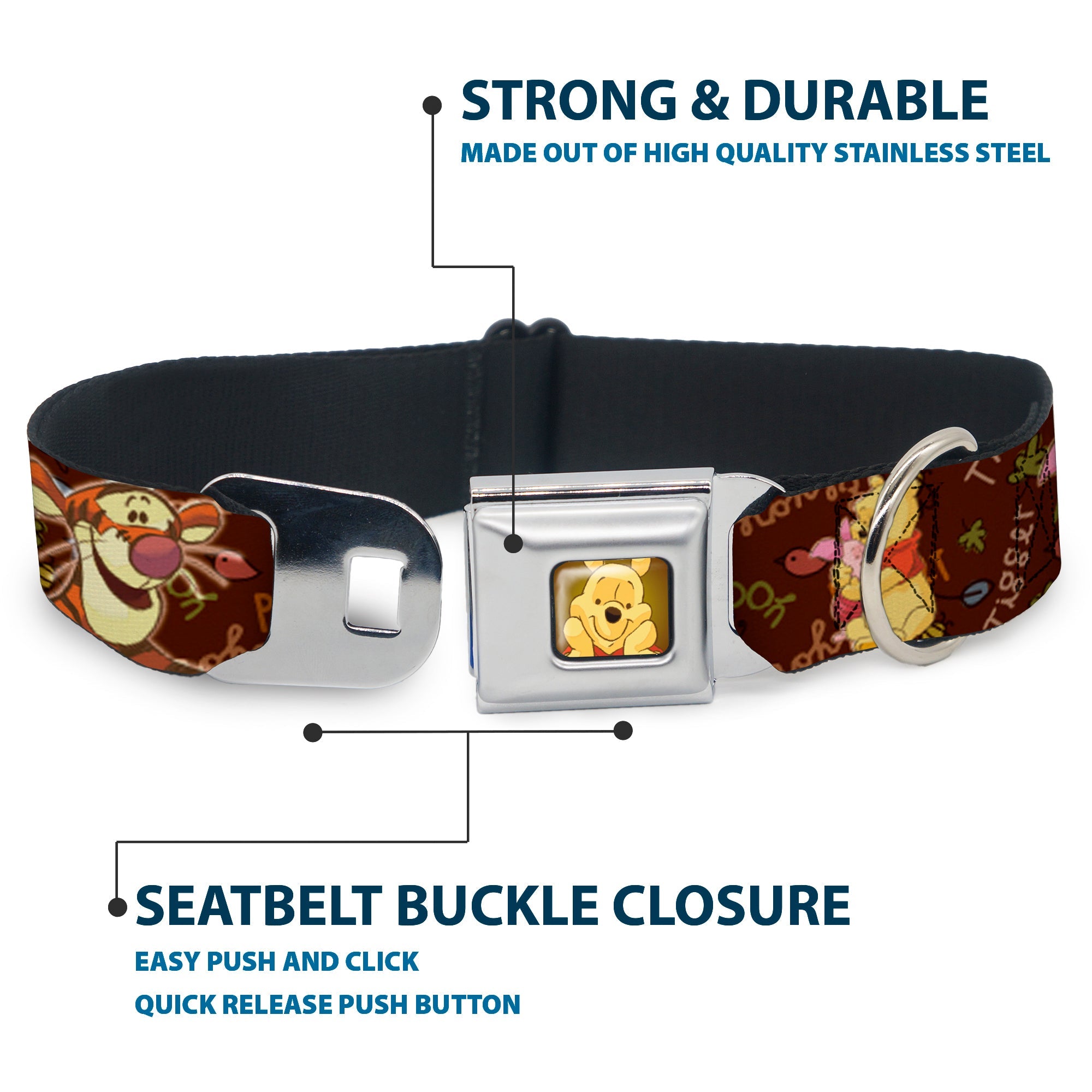 Winnie the Pooh Face Full Color Radial Brown Fade Seatbelt Buckle Collar - Winnie the Pooh Character Poses