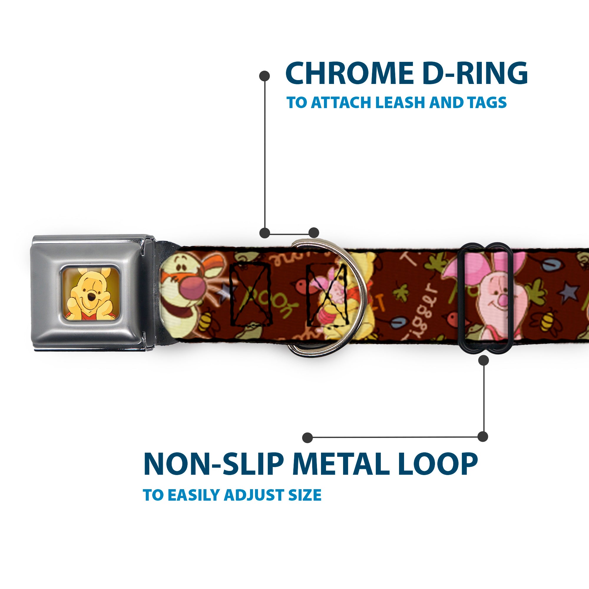 Winnie the Pooh Face Full Color Radial Brown Fade Seatbelt Buckle Collar - Winnie the Pooh Character Poses