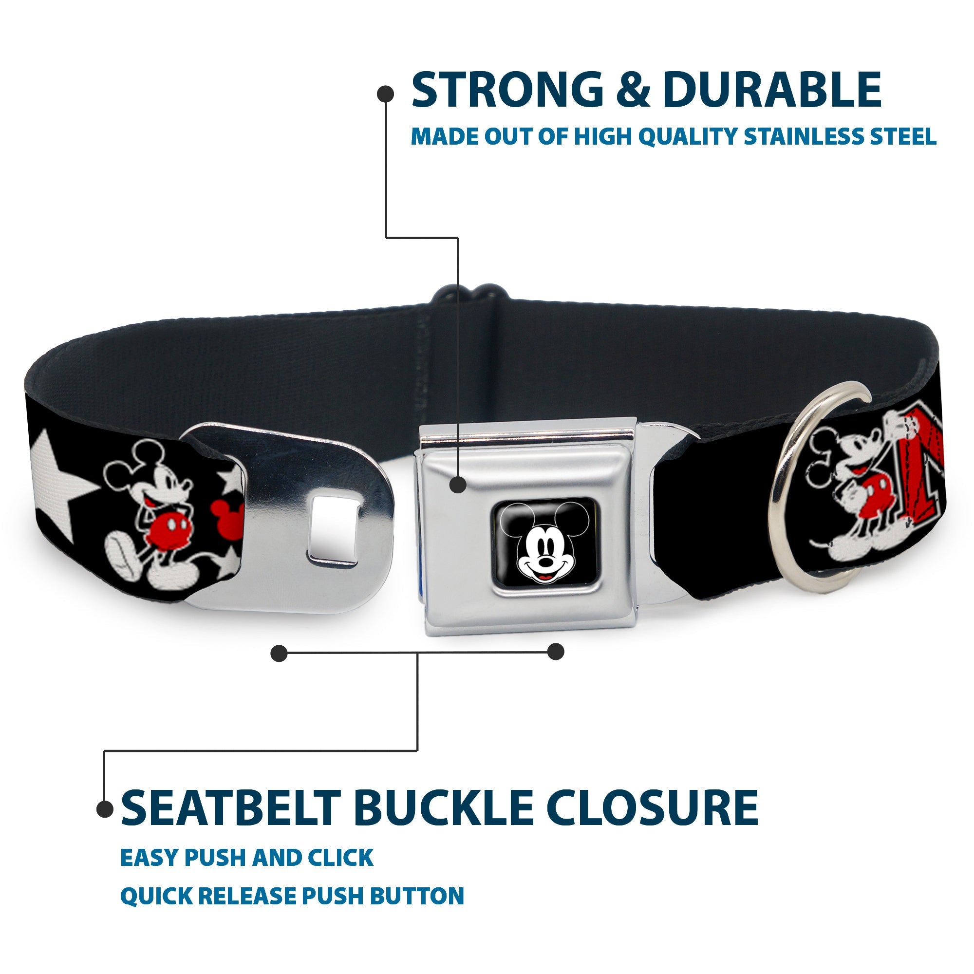 Mickey Mouse Face Full Color Black Seatbelt Buckle Collar - Classic Mickey Mouse 1928 Collage Black/White/Red
