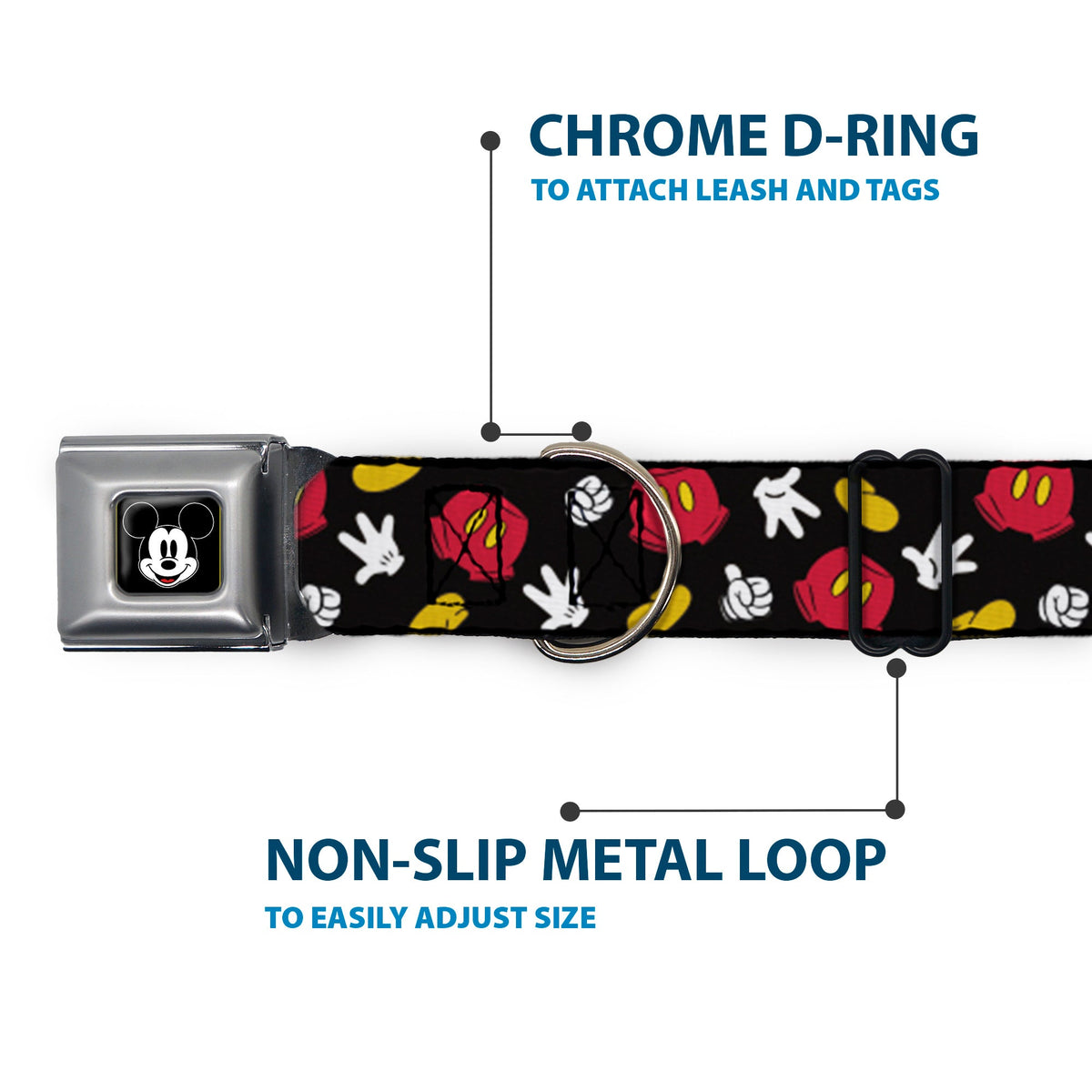 Mickey Mouse Face Full Color Black Seatbelt Buckle Collar - Mickey Mouse Costume Elements Scattered Black