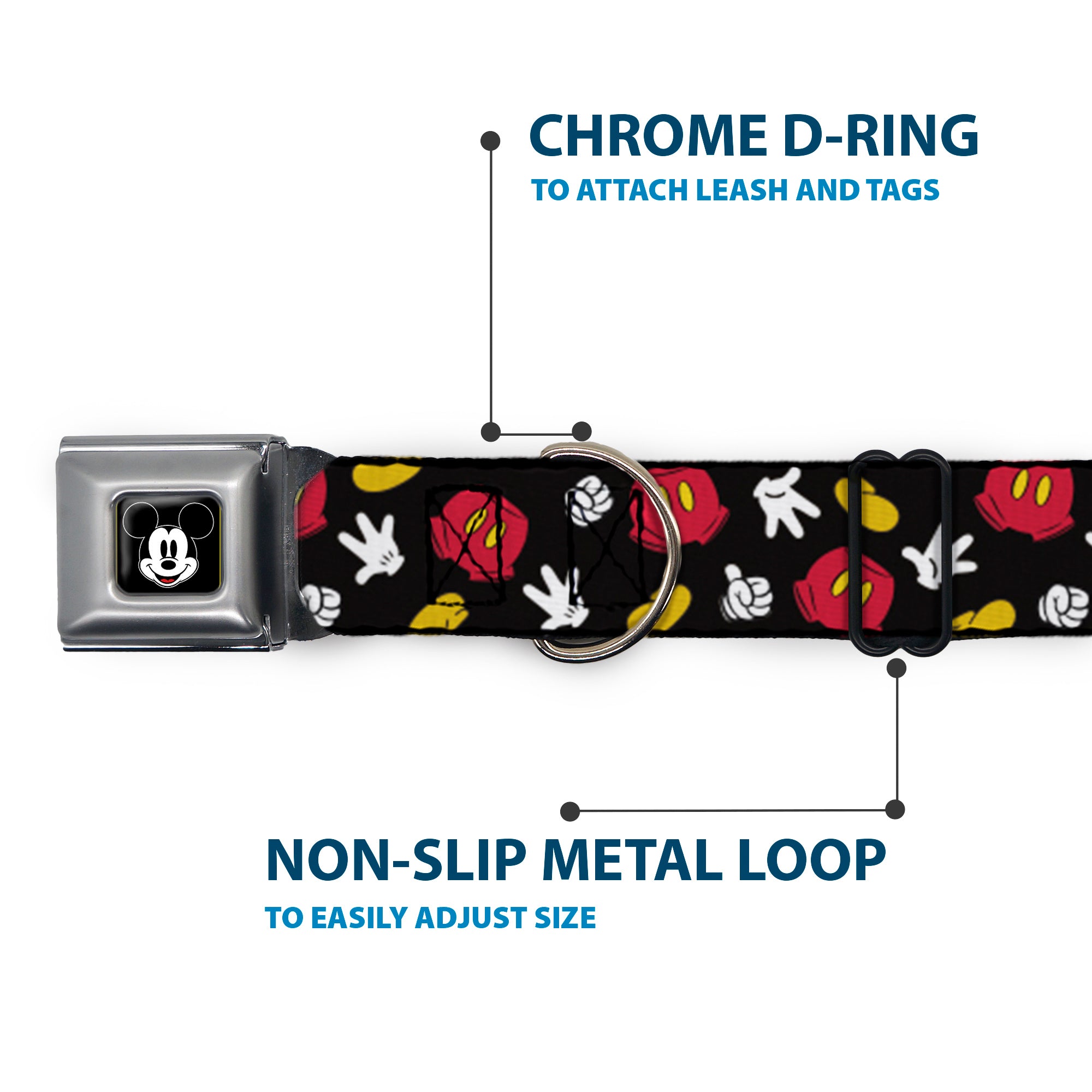 Mickey Mouse Face Full Color Black Seatbelt Buckle Collar - Mickey Mouse Costume Elements Scattered Black