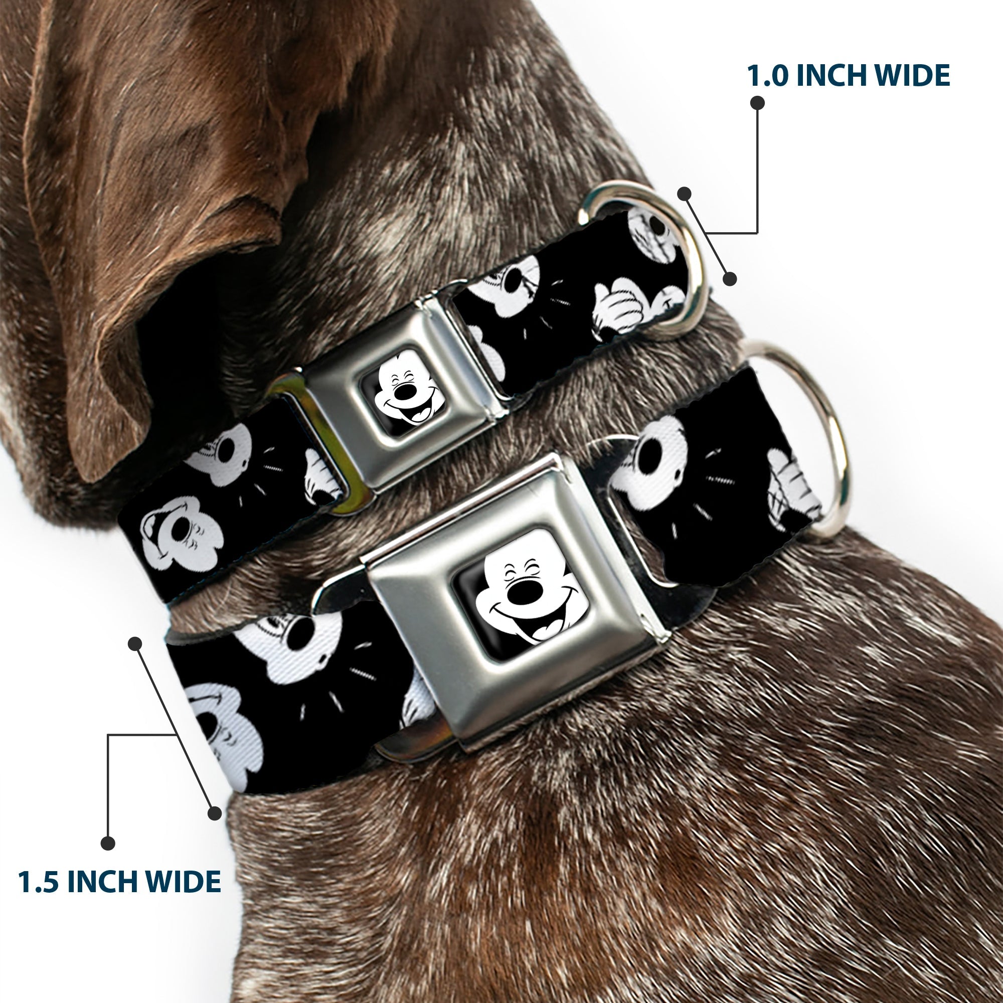 Mickey Mouse Face2 CLOSE-UP Full Color Black White Seatbelt Buckle Collar - Mickey Mouse Expressions Scattered Black/White