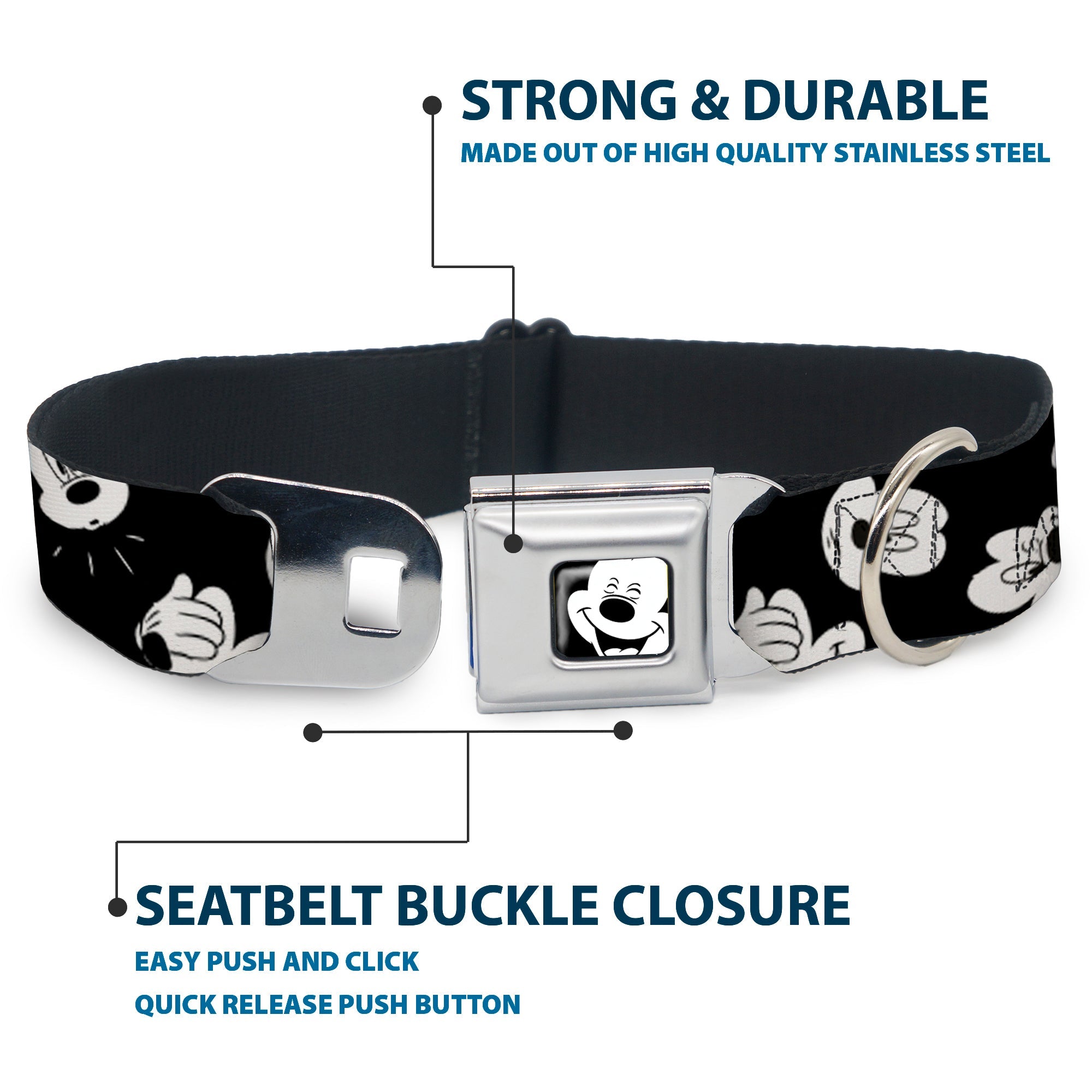Mickey Mouse Face2 CLOSE-UP Full Color Black White Seatbelt Buckle Collar - Mickey Mouse Expressions Scattered Black/White