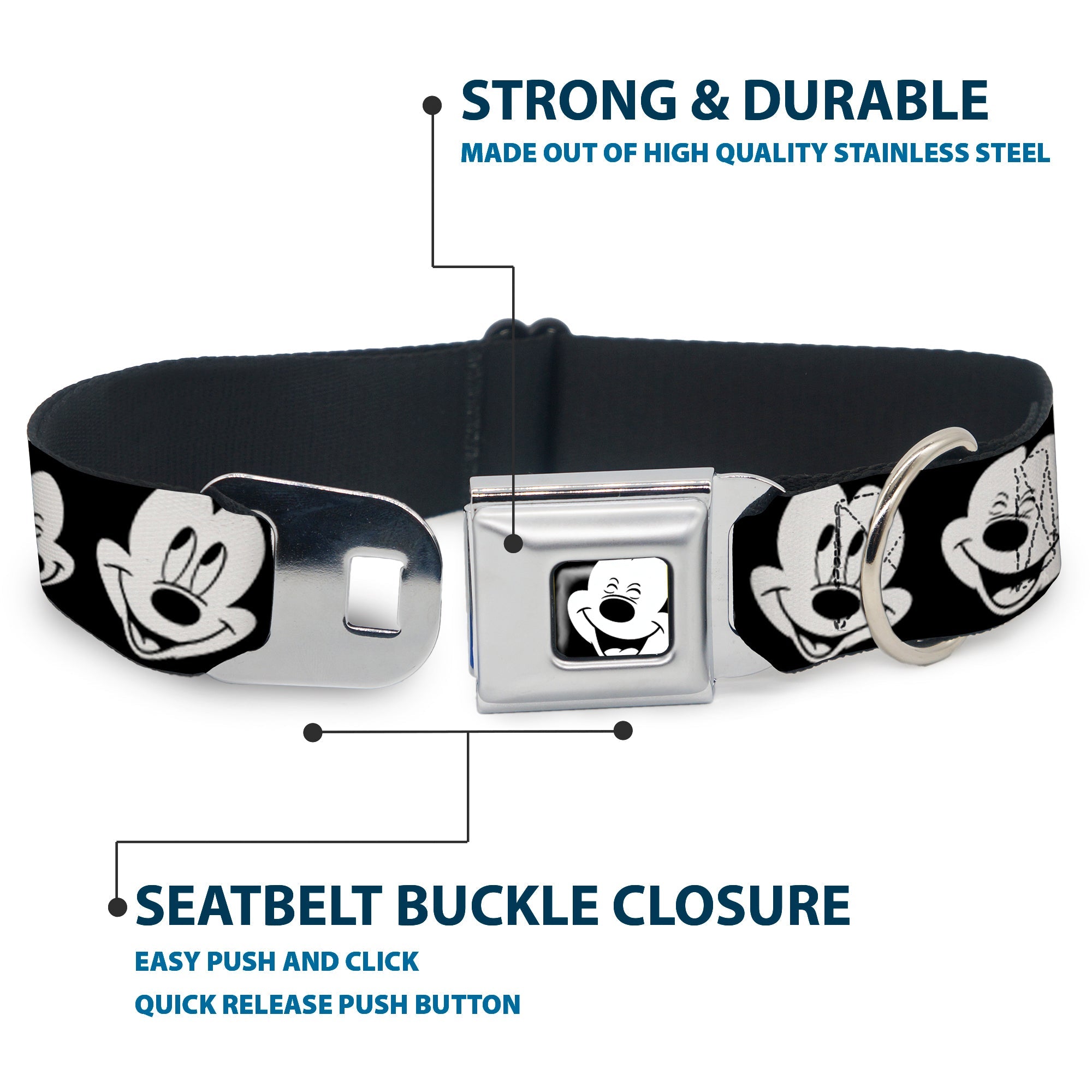 Mickey Mouse Face3 CLOSE-UP Full Color Black/White Seatbelt Buckle Collar - Mickey Mouse Expressions CLOSE-UP Black/White