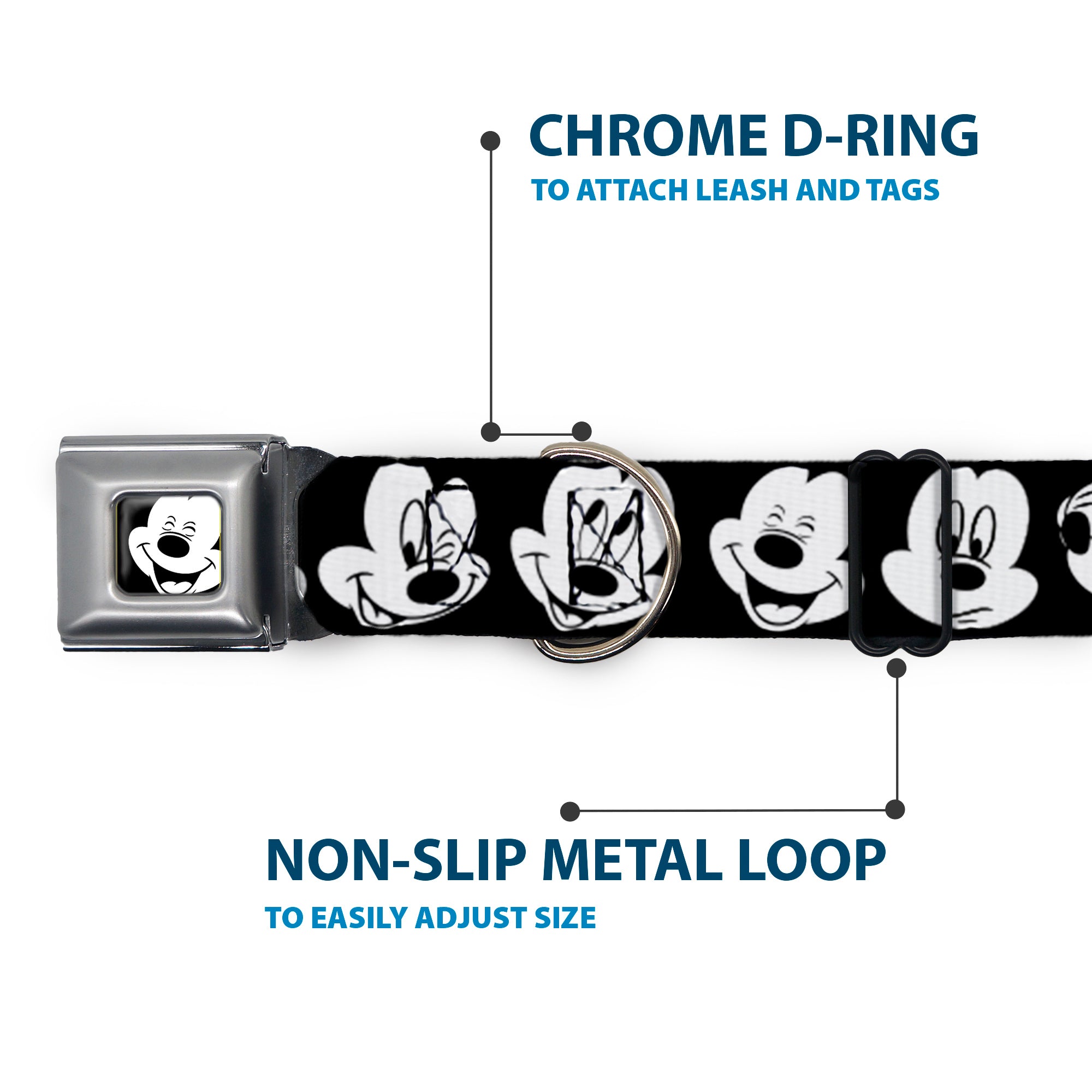 Mickey Mouse Face3 CLOSE-UP Full Color Black/White Seatbelt Buckle Collar - Mickey Mouse Expressions CLOSE-UP Black/White