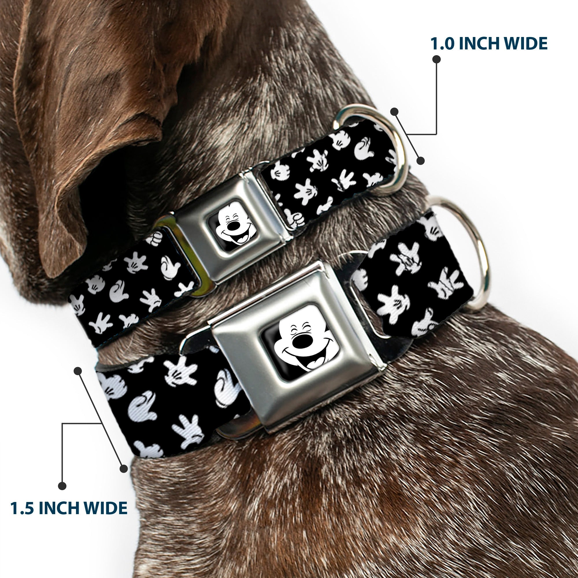 Mickey Mouse Face3 CLOSE-UP Full Color Black/White Seatbelt Buckle Collar - Mickey Mouse Hand Gestures Scattered Black/White
