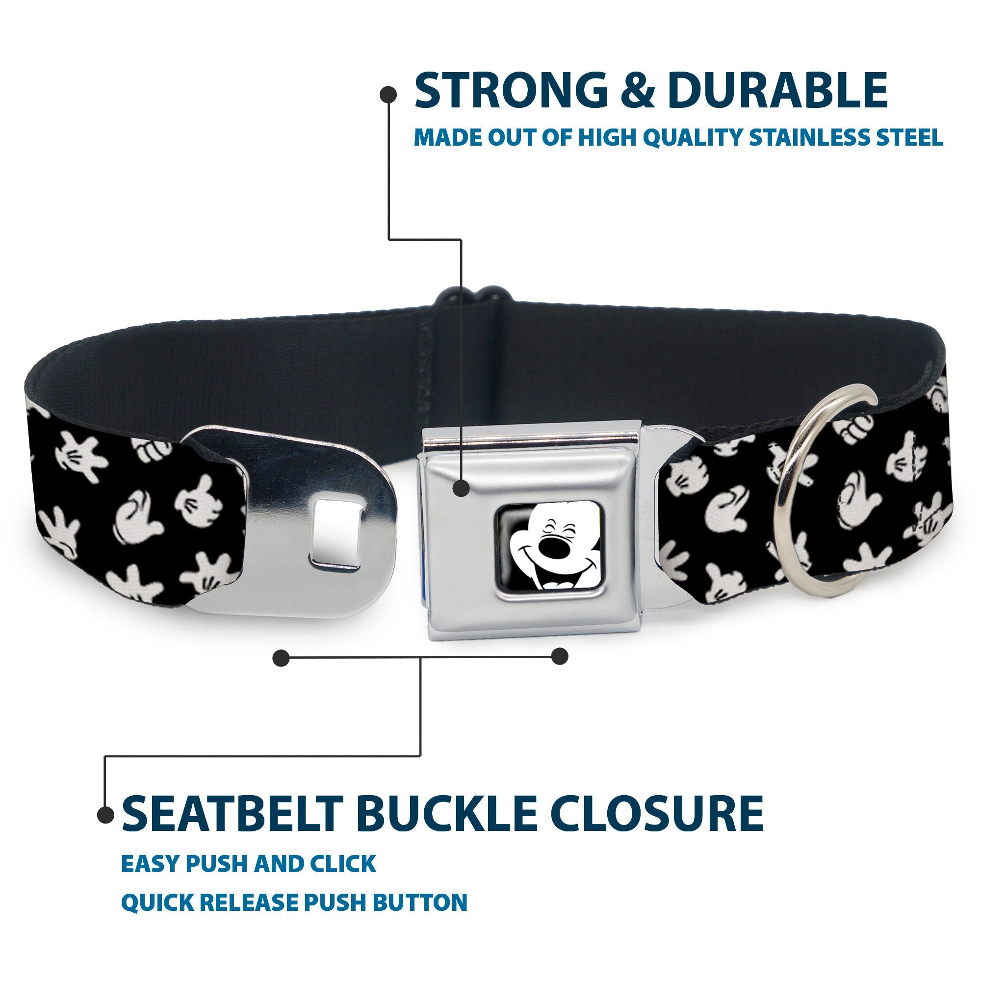 Mickey Mouse Face3 CLOSE-UP Full Color Black/White Seatbelt Buckle Collar - Mickey Mouse Hand Gestures Scattered Black/White