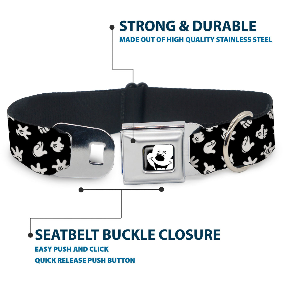 Mickey Mouse Face3 CLOSE-UP Full Color Black/White Seatbelt Buckle Collar - Mickey Mouse Hand Gestures Scattered Black/White