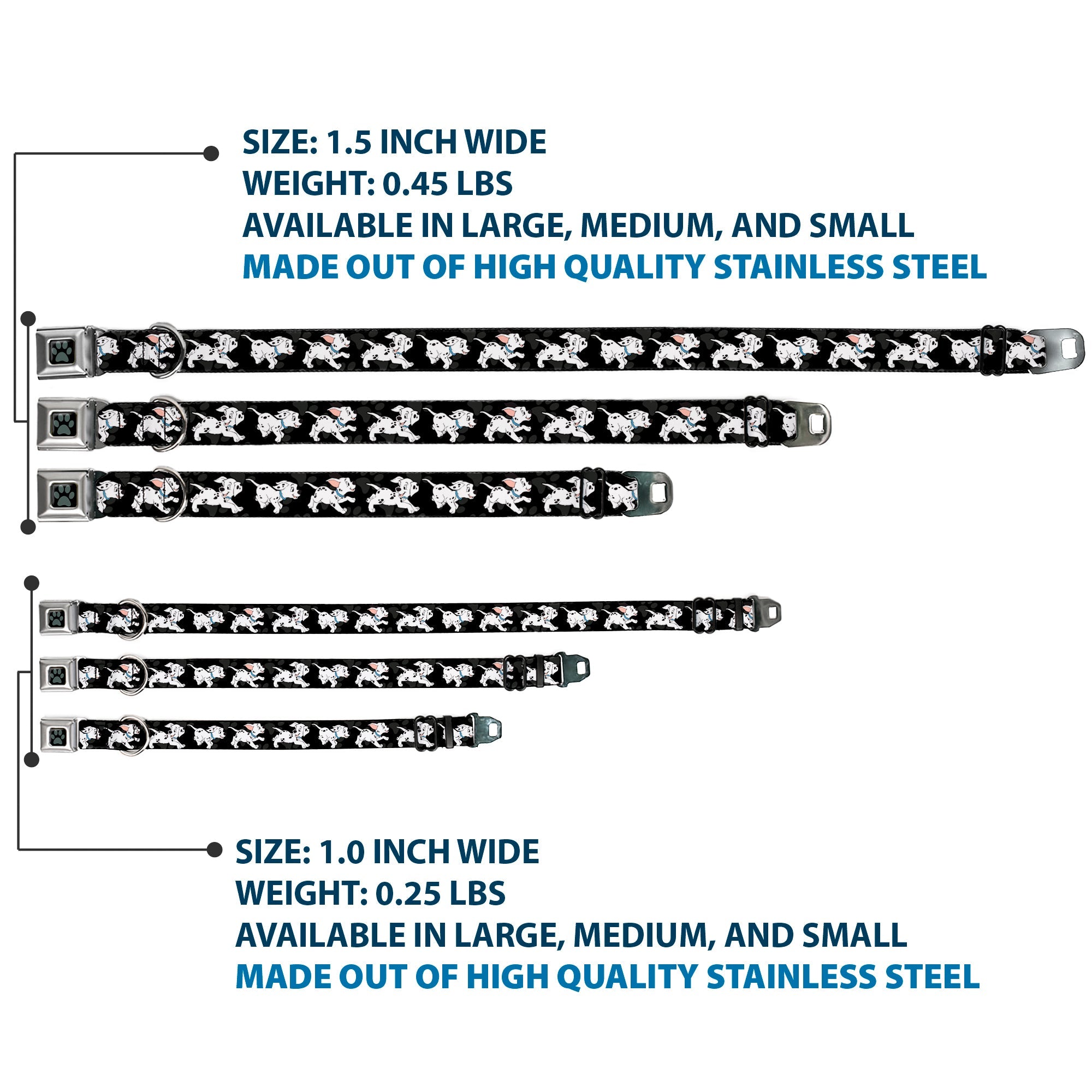 Dalmatian Paw Full Color Black Gray Seatbelt Buckle Collar - Dalmatians Running/Paws Black/Gray/White/Black