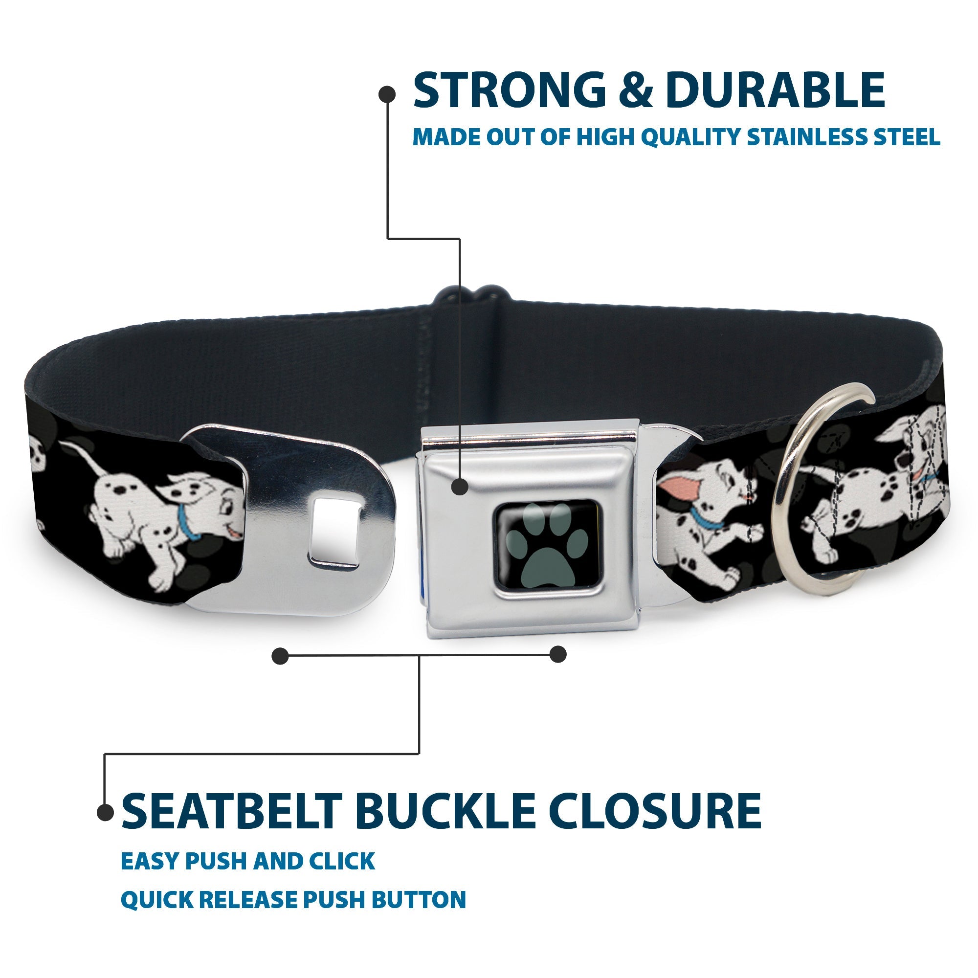 Dalmatian Paw Full Color Black Gray Seatbelt Buckle Collar - Dalmatians Running/Paws Black/Gray/White/Black