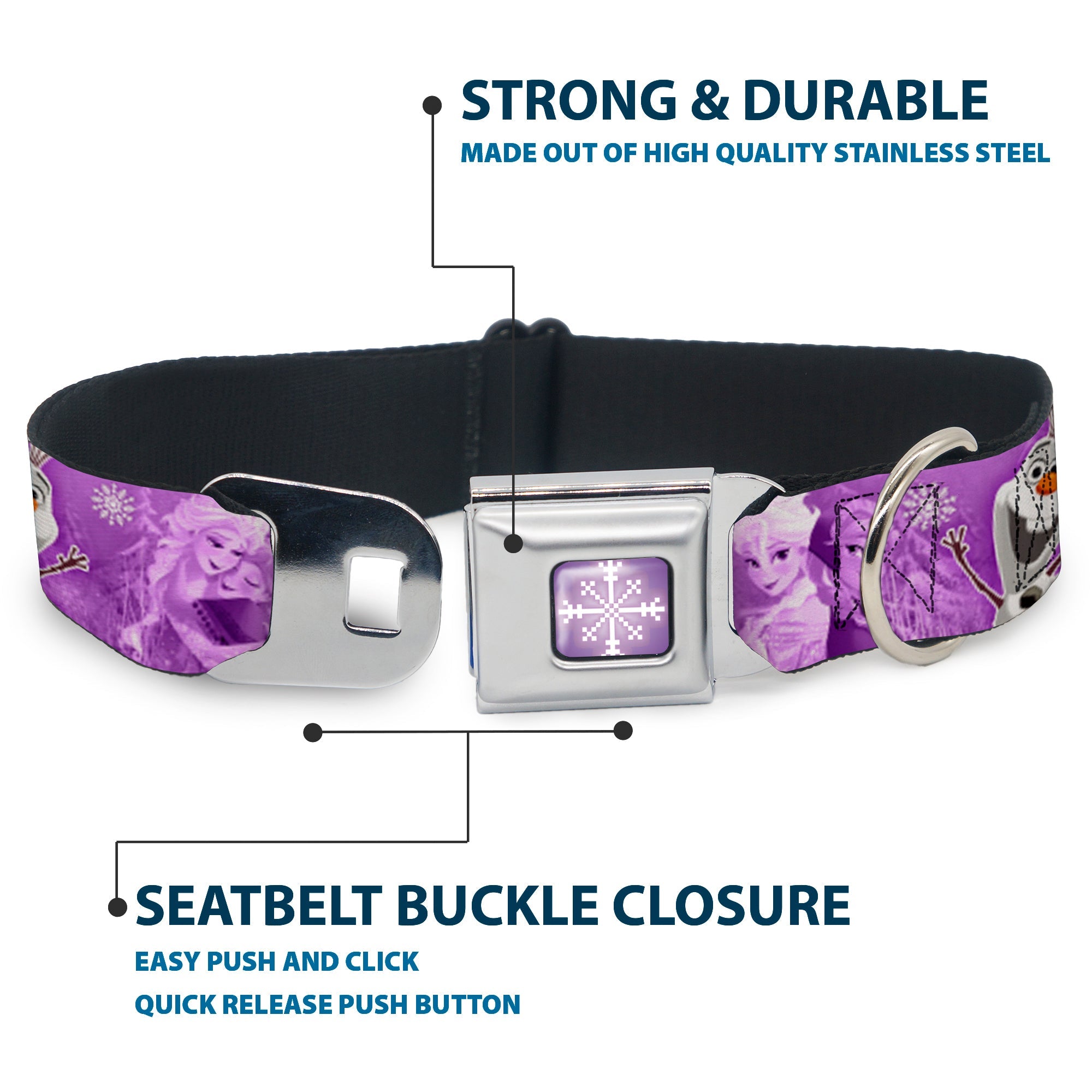 Snowflake Full Color Purple White Seatbelt Buckle Collar - Frozen Anna/Elsa/Olaf Poses/Scenes Purples