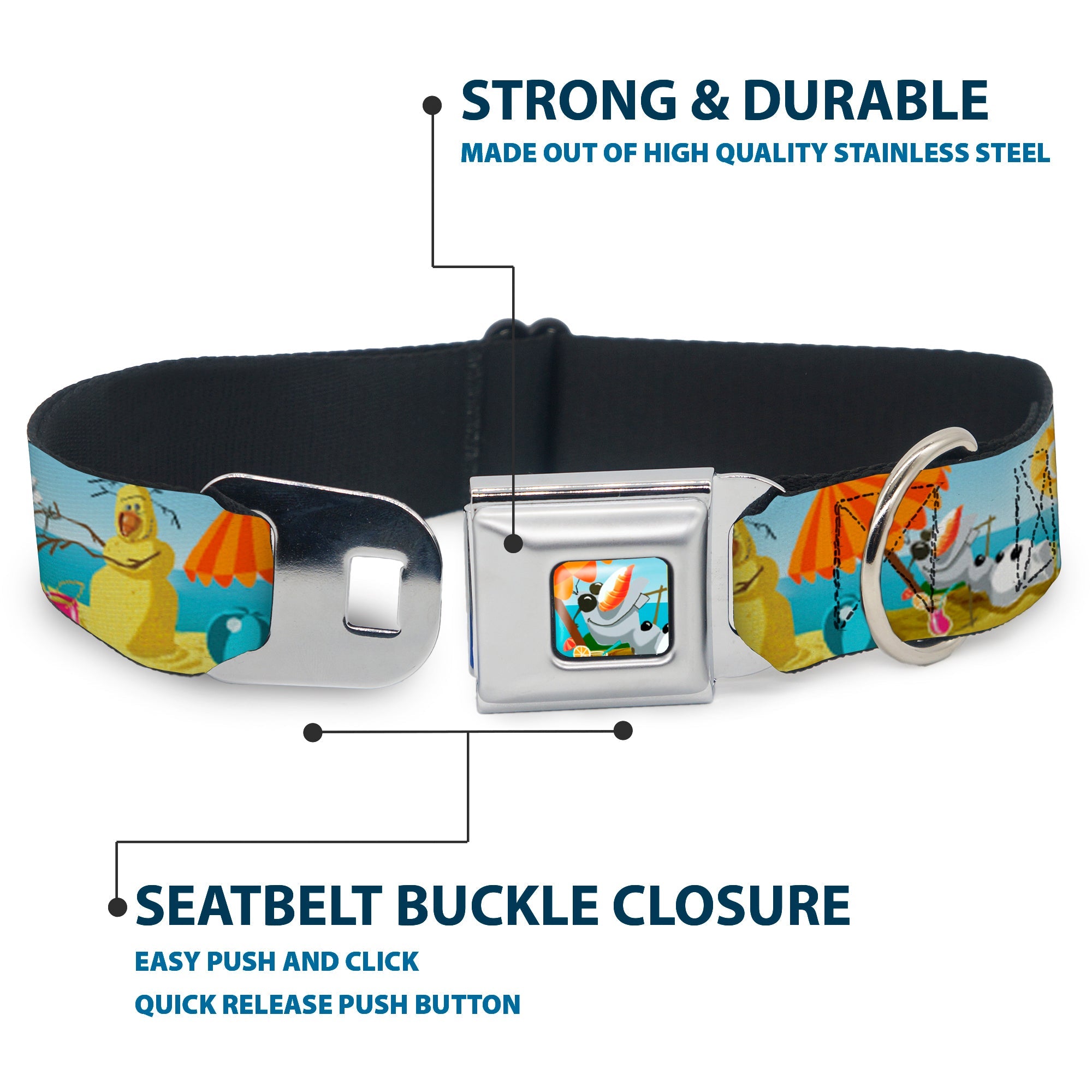 Olaf Tanning Pose Full Color Seatbelt Buckle Collar - Olaf Summertime Beach Scenes