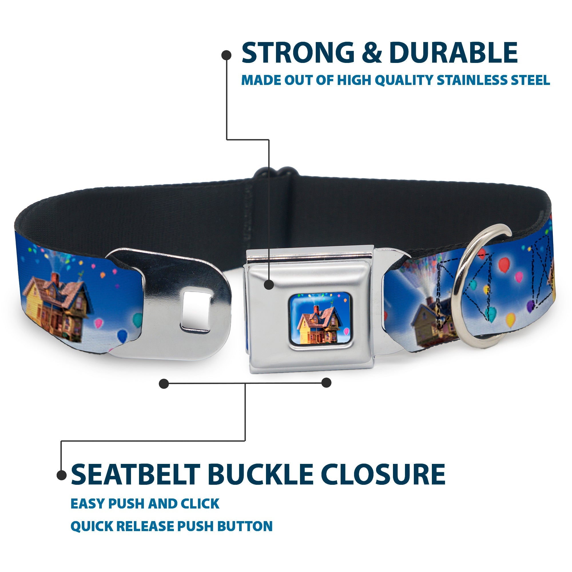 Flying House w/Balloons Full Color Seatbelt Buckle Collar - Up Carl on Porch/Flying House/Balloons