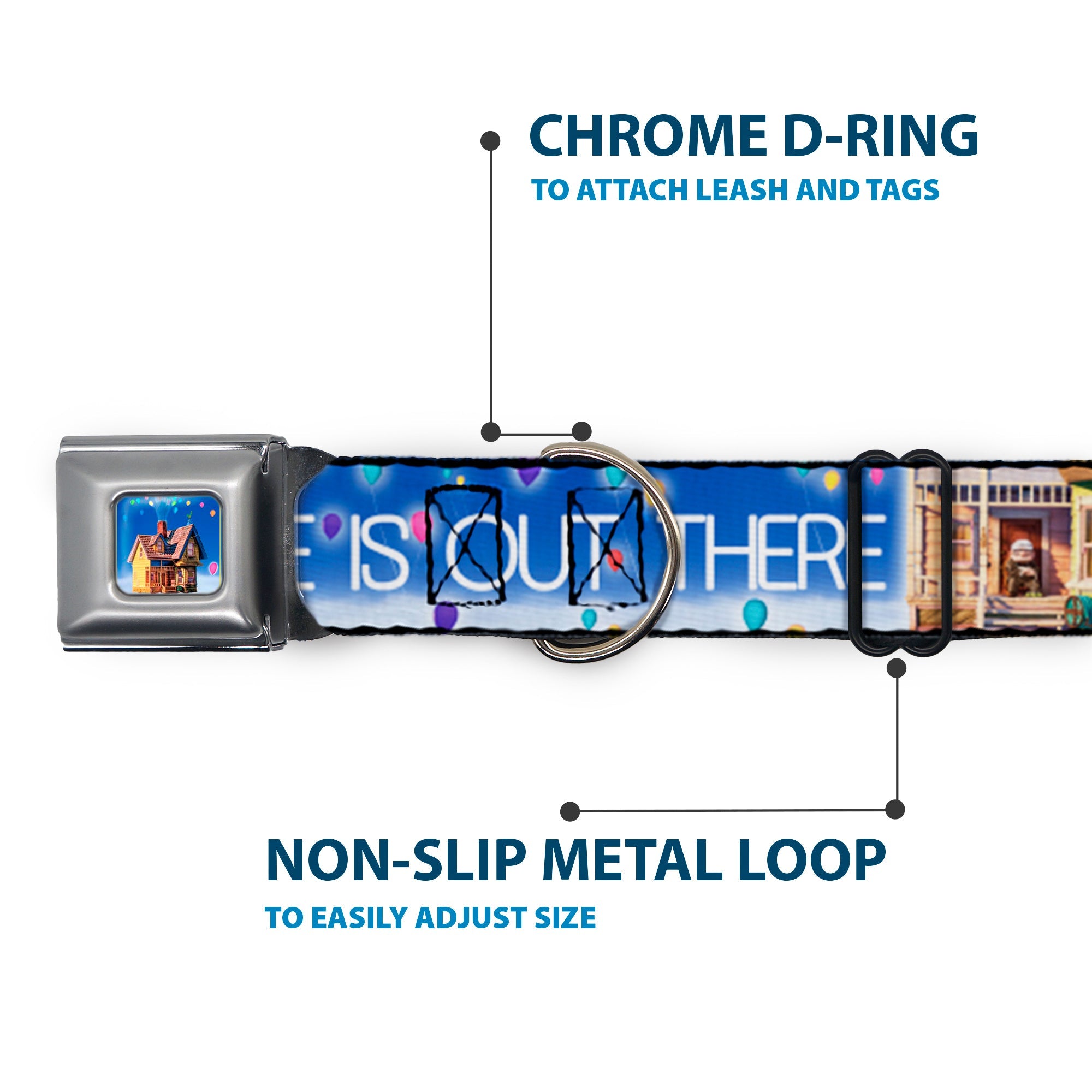 Flying House w/Balloons Full Color Seatbelt Buckle Collar - ADVENTURE IS OUT THERE/Carl on Porch/Flying House/Balloons Blues/White/Multi Color