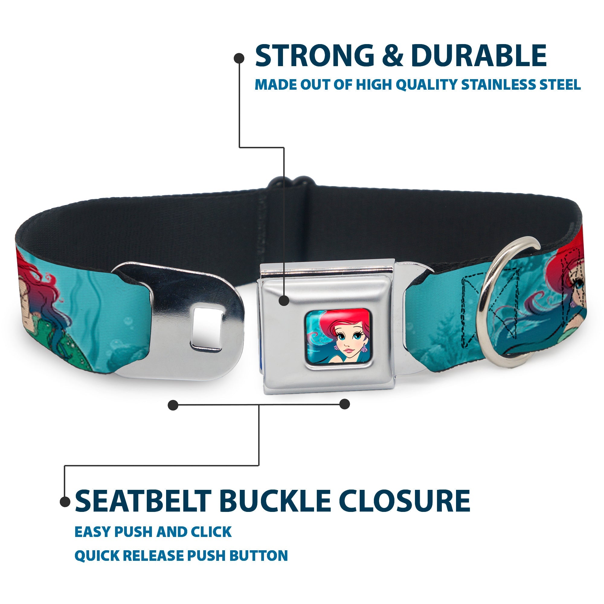 Ariel Face6 Turquoise Full Color Blues Seatbelt Buckle Collar - Ariel Poses Coral & Castle Blues/Reds