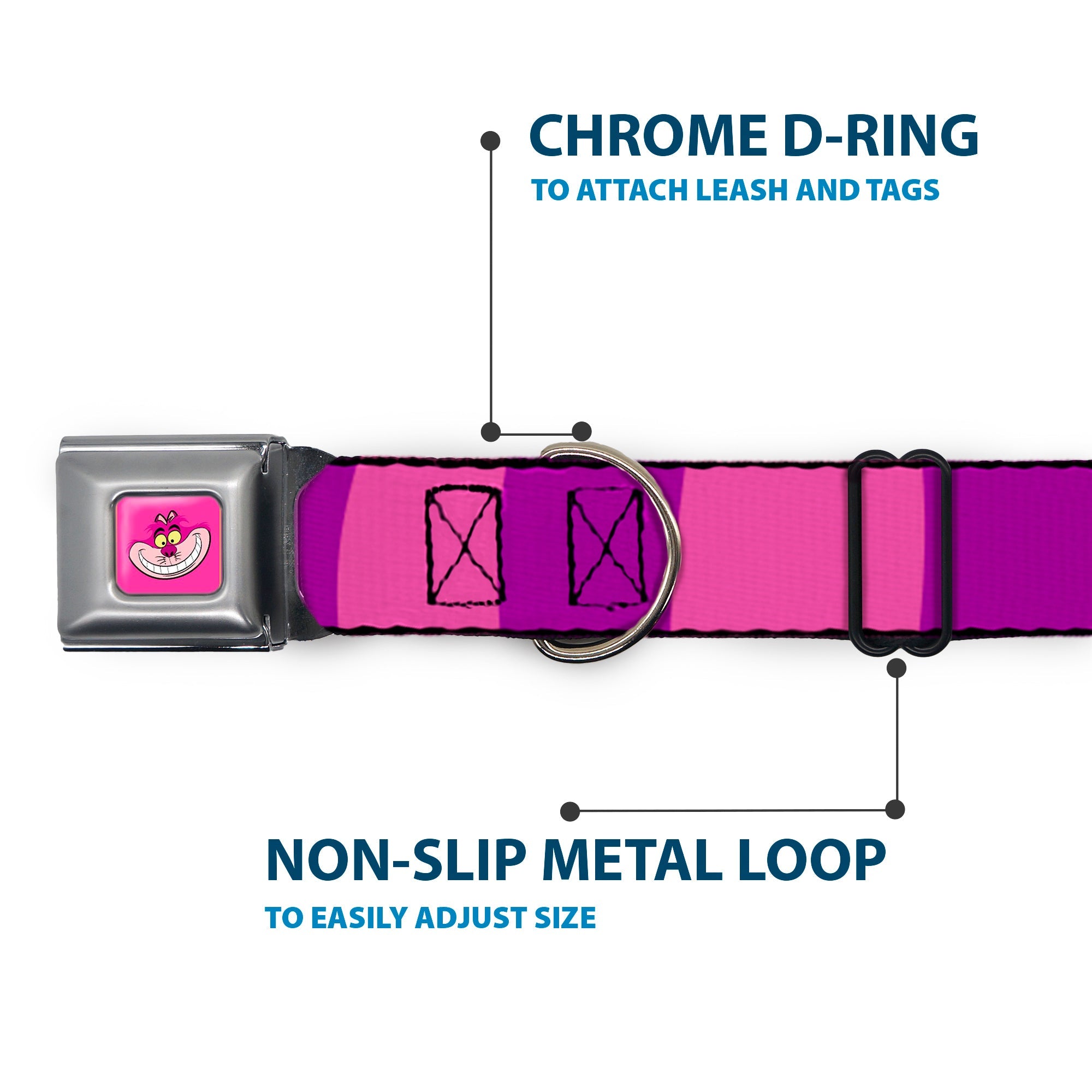 Cheshire Cat Face Full Color Pink Seatbelt Buckle Collar - Cheshire Cat Stripe Pink/Purple