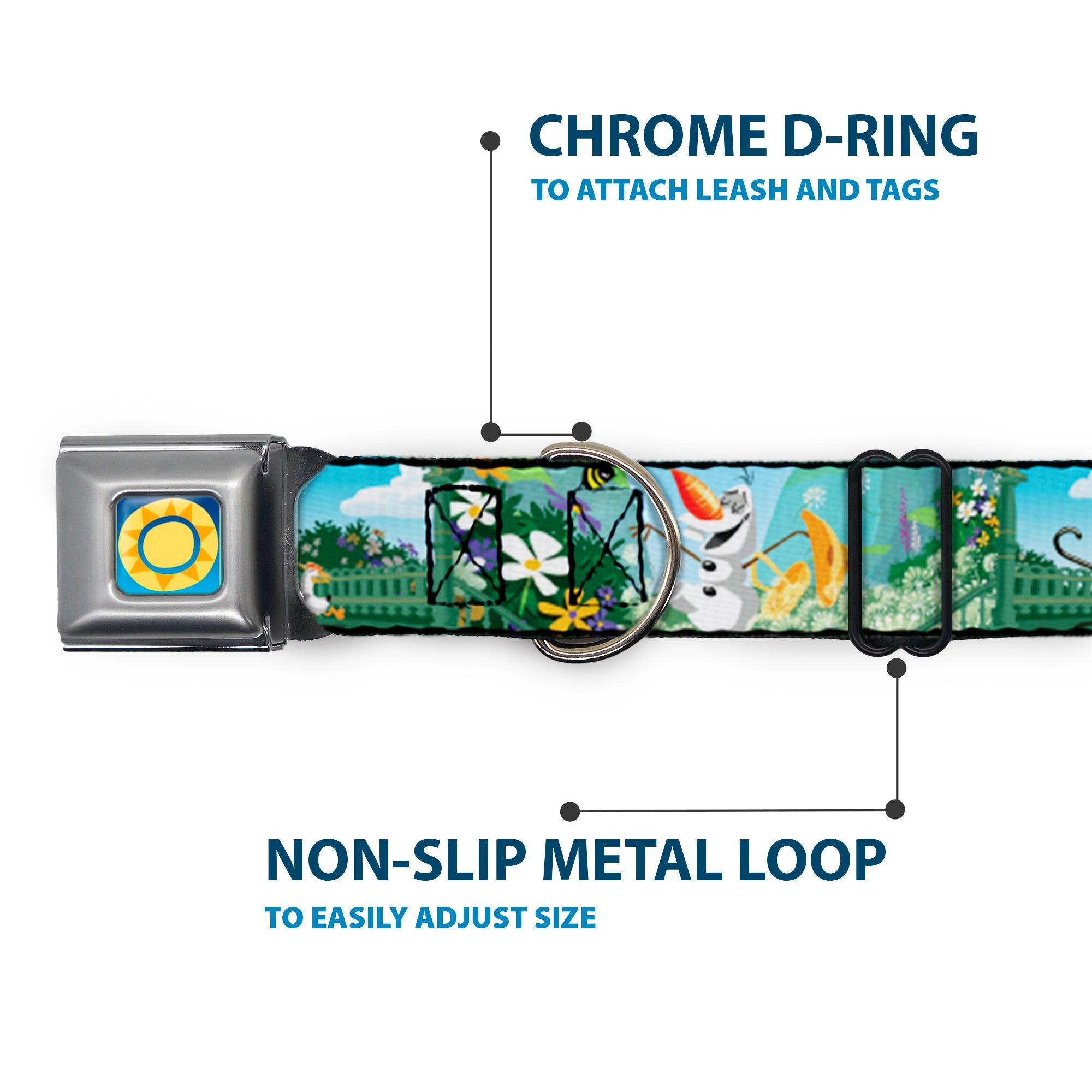 Frozen Sun2 Royal Full Color Blue/Yellows Seatbelt Buckle Collar - Olaf Garden Scenes