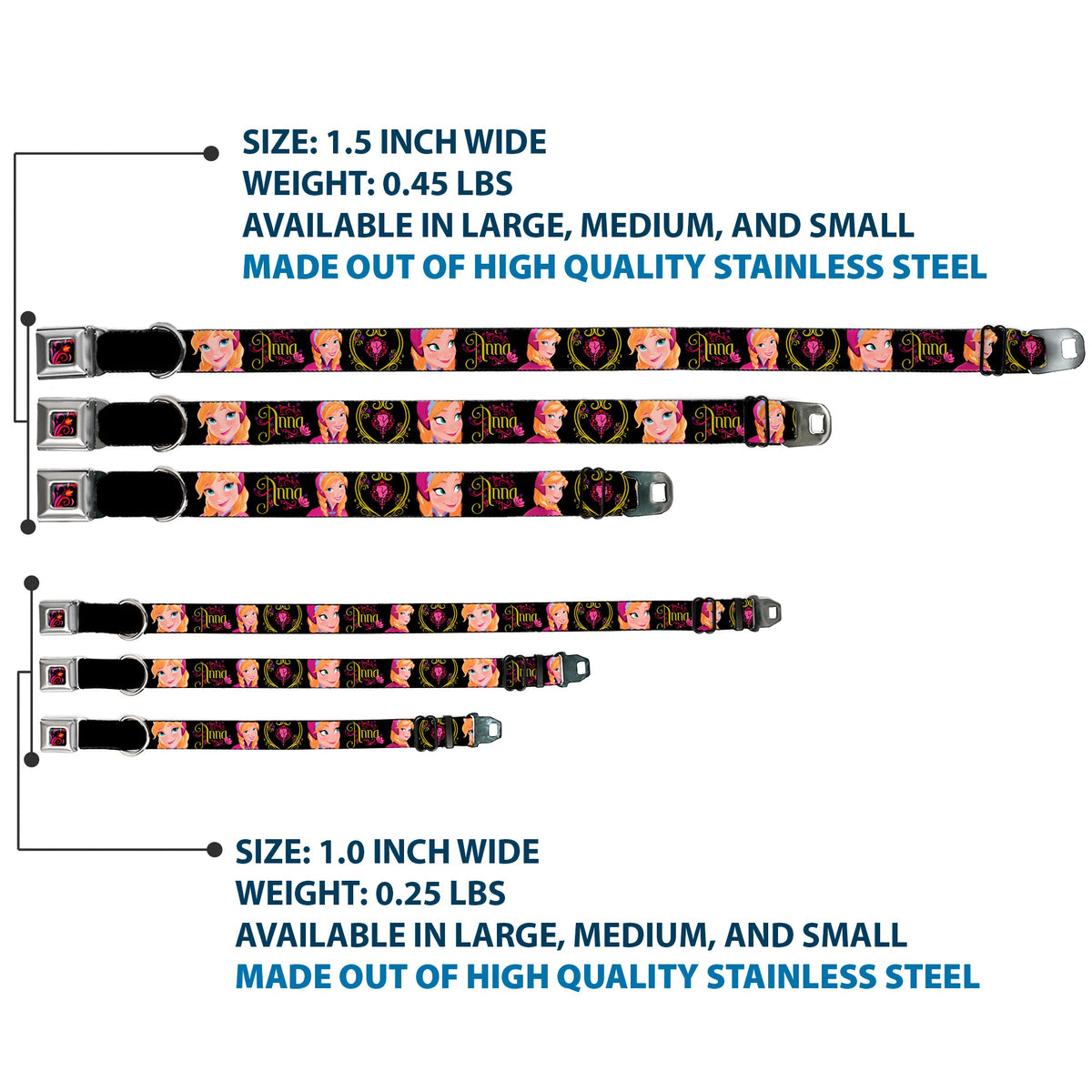 Dog Collar DYFV-Frozen Tulip Full Color Black/Pink/Red/Orange - ANNA Poses/Anna Monogram Heart Cameo Pinks/Yellow - WIDE-Medium