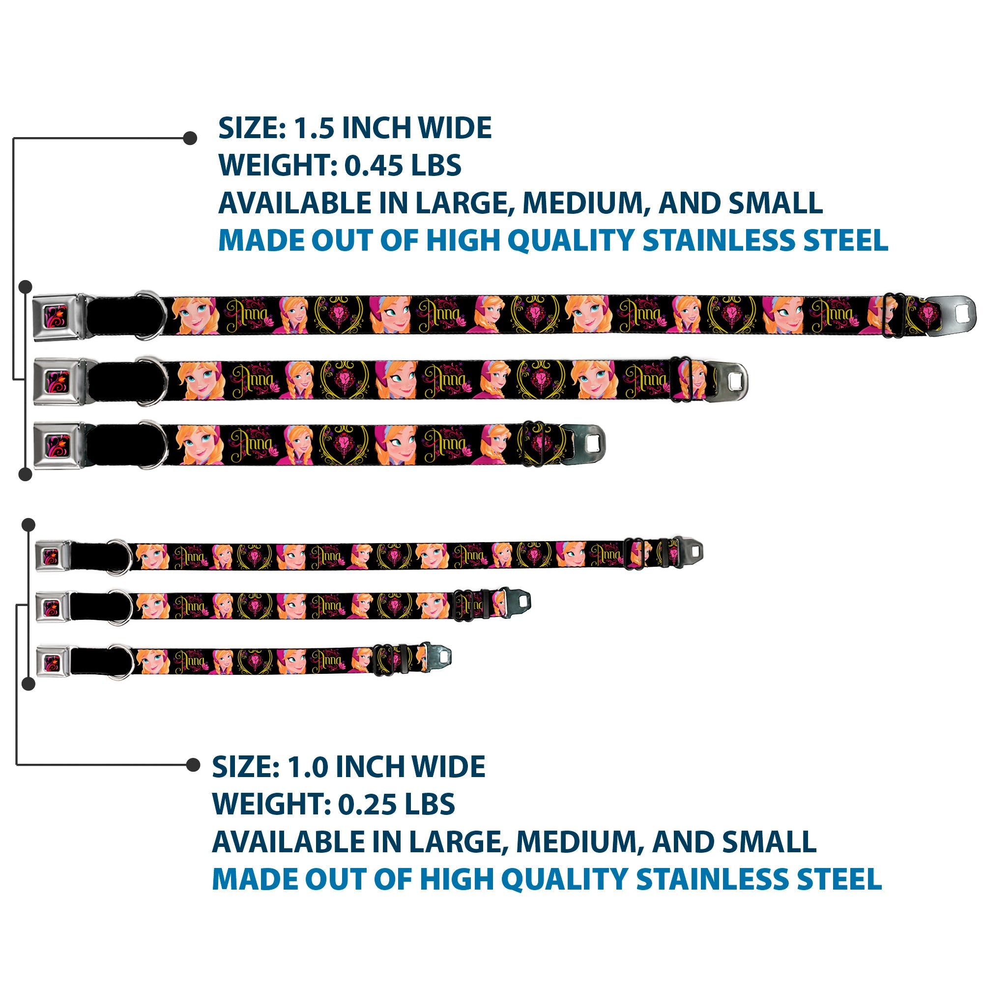Dog Collar DYFV-Frozen Tulip Full Color Black/Pink/Red/Orange - ANNA Poses/Anna Monogram Heart Cameo Pinks/Yellow - WIDE-Medium