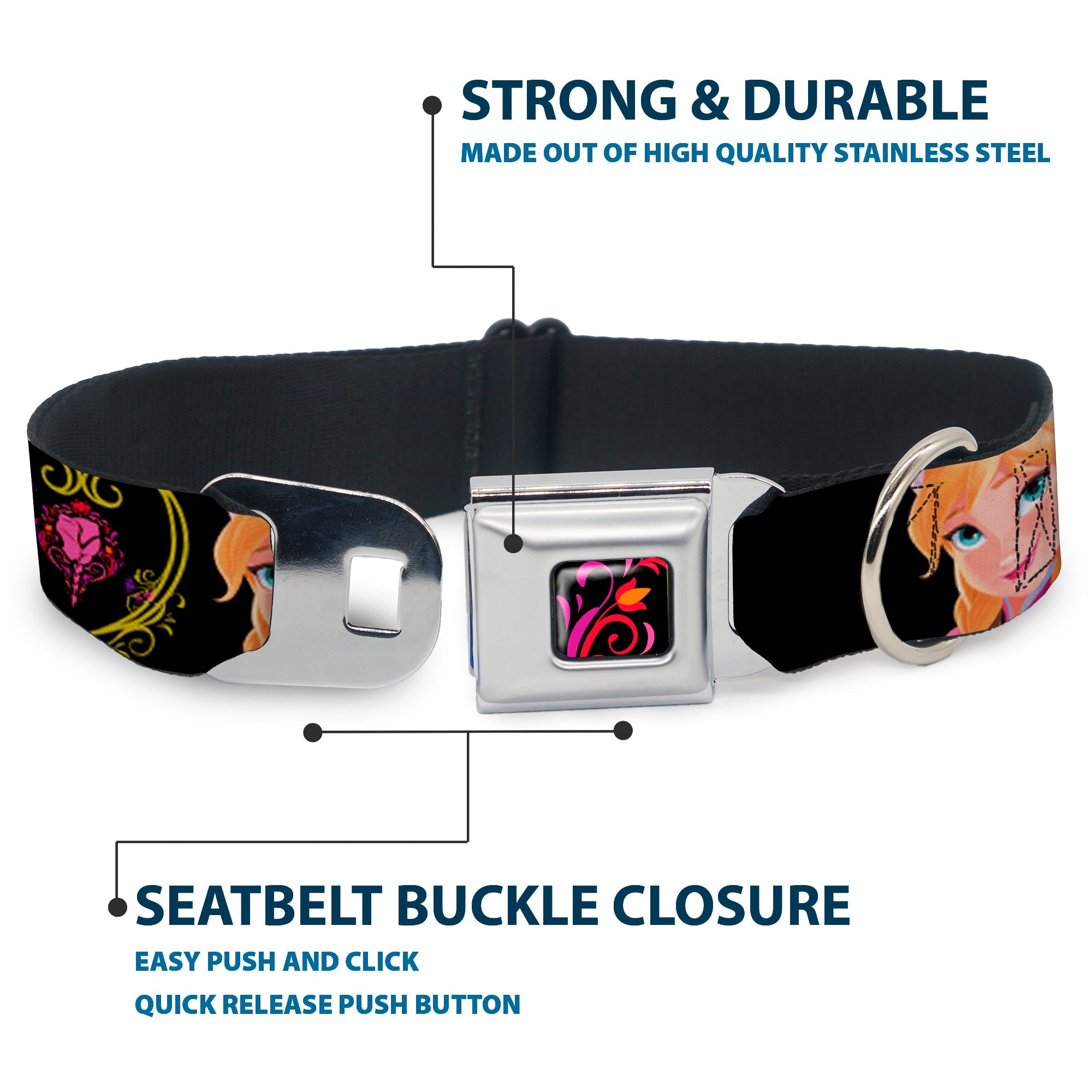 Dog Collar DYFV-Frozen Tulip Full Color Black/Pink/Red/Orange - ANNA Poses/Anna Monogram Heart Cameo Pinks/Yellow - WIDE-Medium